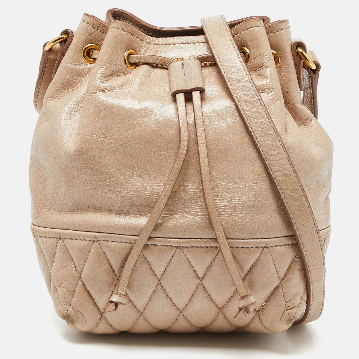 Miu Miu Beige Vitello Shine Leather Drawstring Bucket Bag