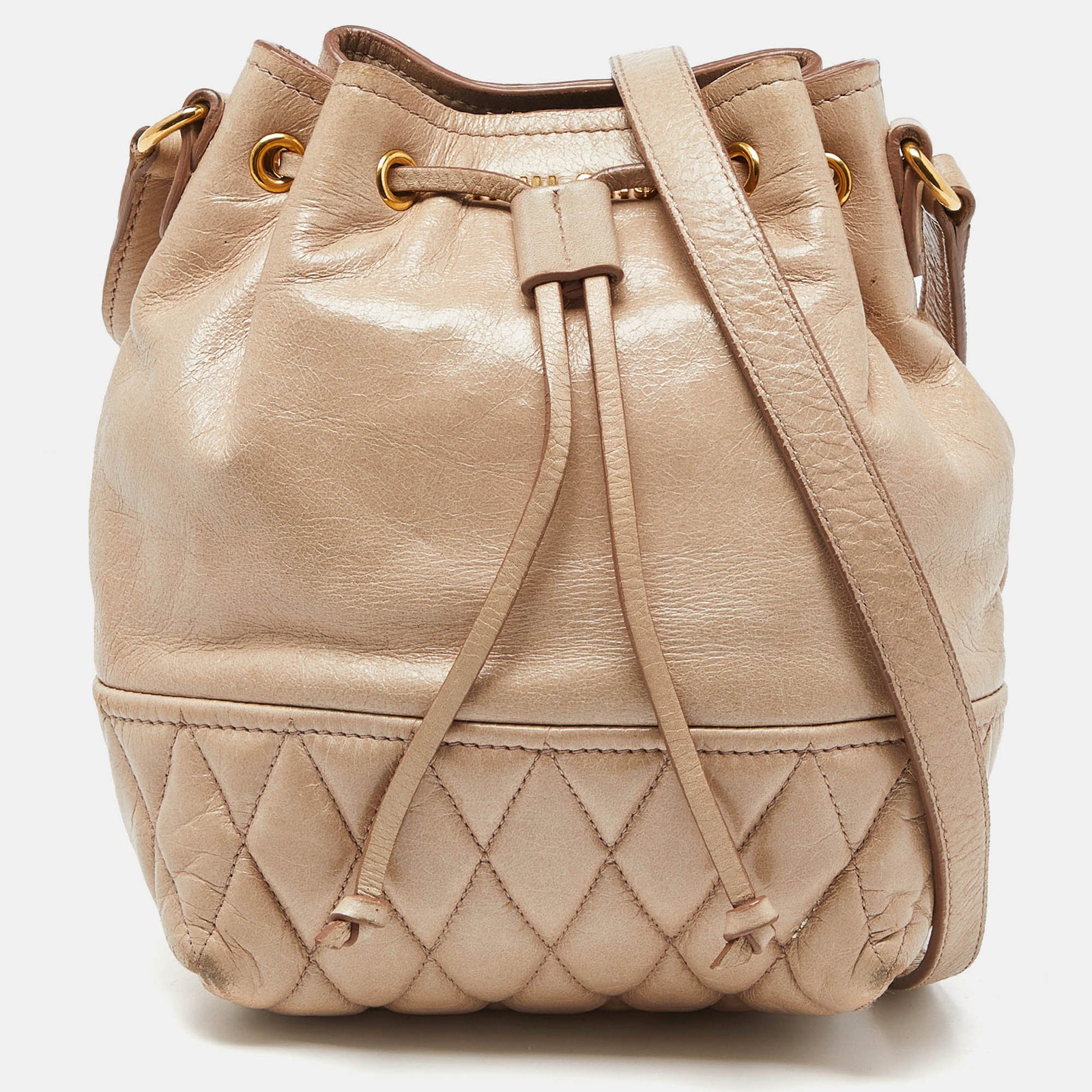 Miu Miu Beige Vitello Shine Leather Drawstring Bucket Bag