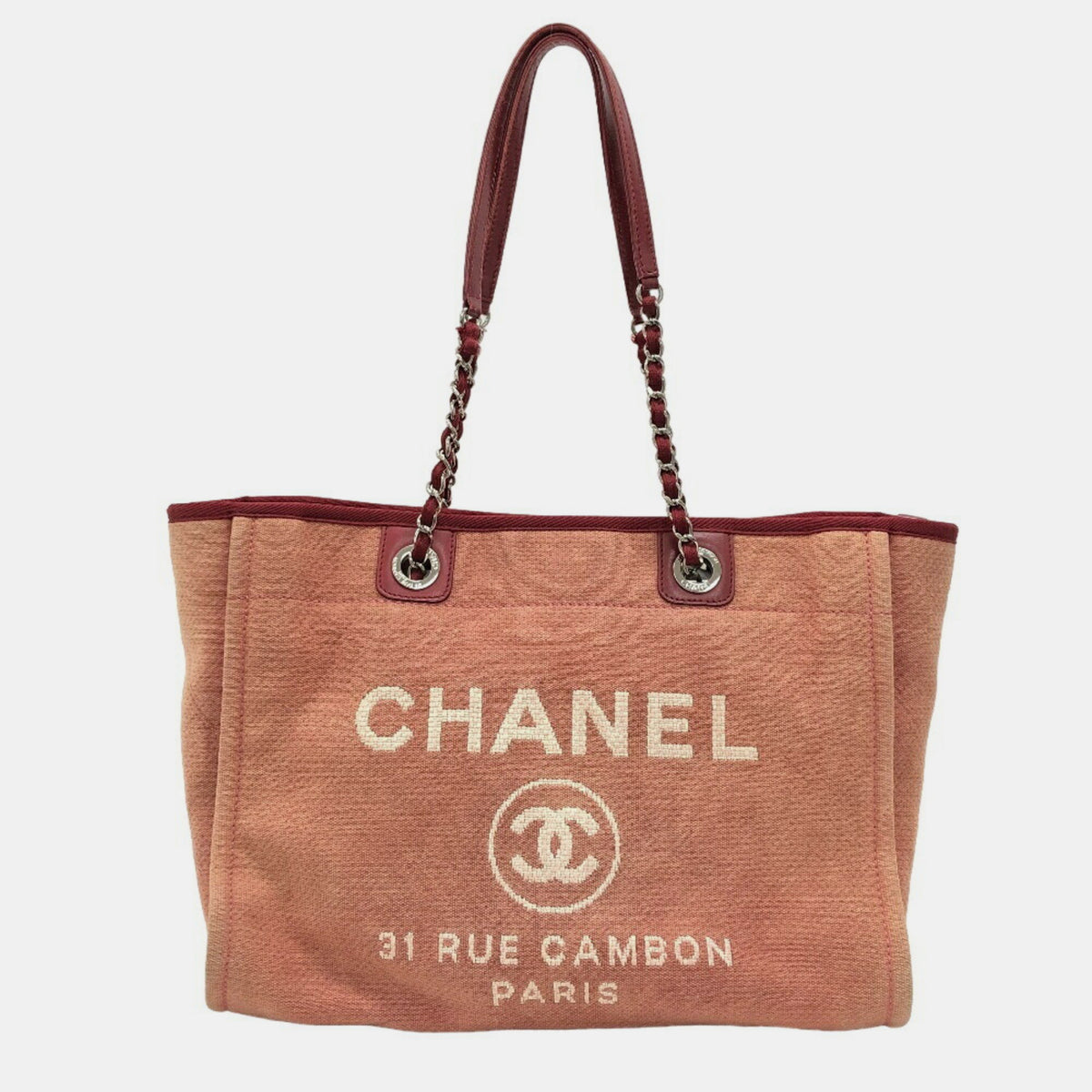 Chanel Red Canvas MM Deauville Tote Bag