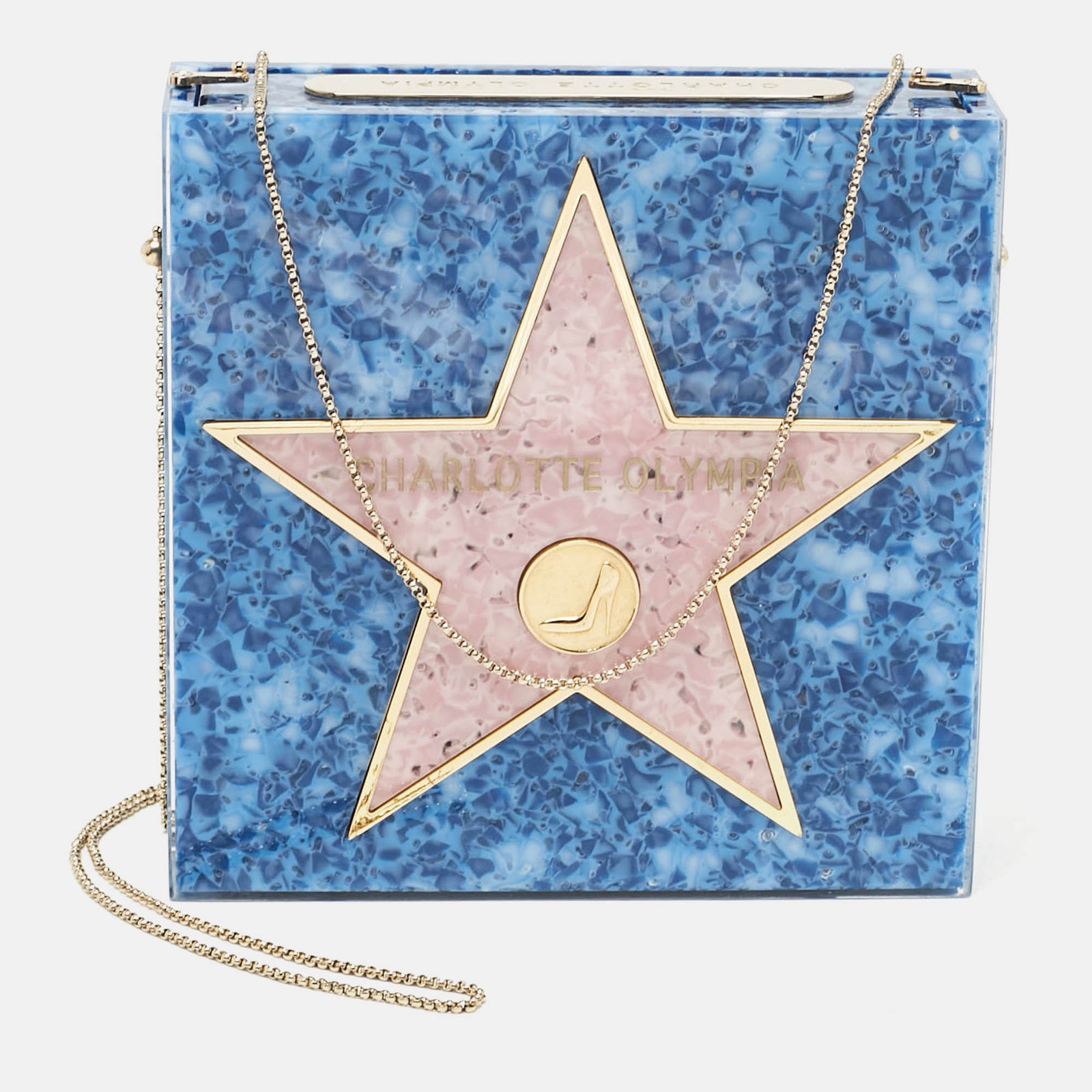 Charlotte Olympia Blue/Pink Acrylic Walk of Fame Matchbox Chain Clutch