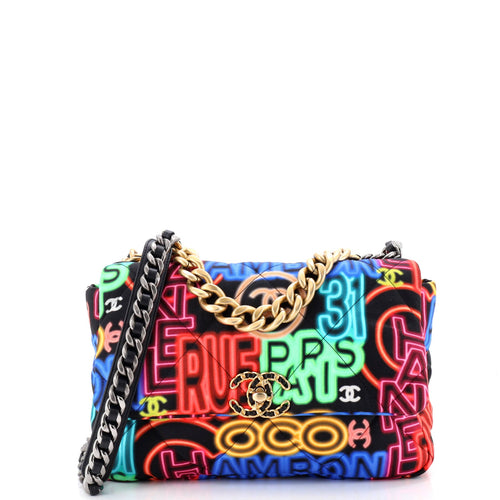 CHANEL 19 Flap Bag Quilted Graffiti Print Fabric Medium