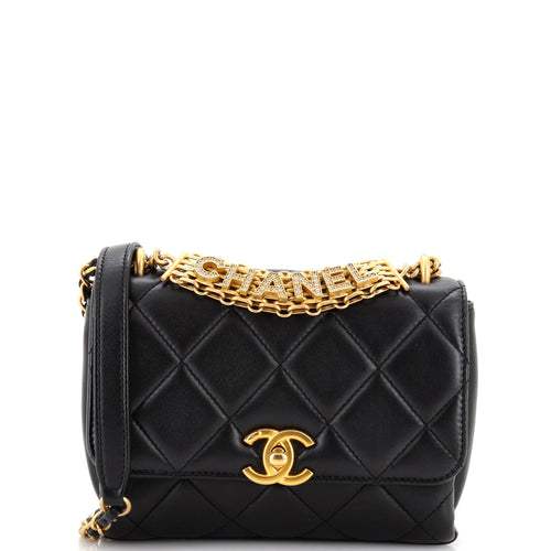 CHANEL Crystal Logo Letters Chain Handle Flap Bag Quilted Lambskin Mini