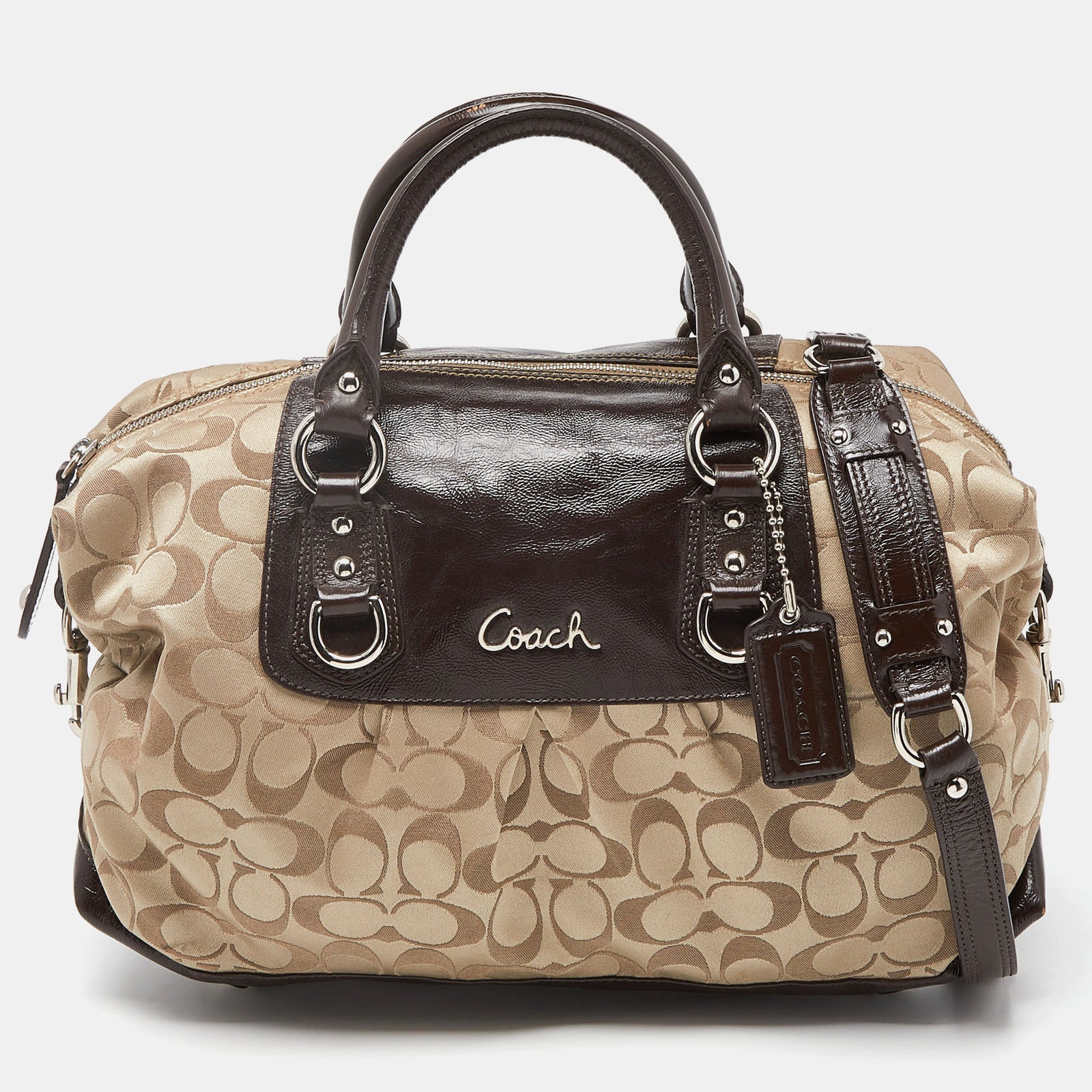 Coach Beige/Brown Signature Fabric and Patent Leather Ashley Bag