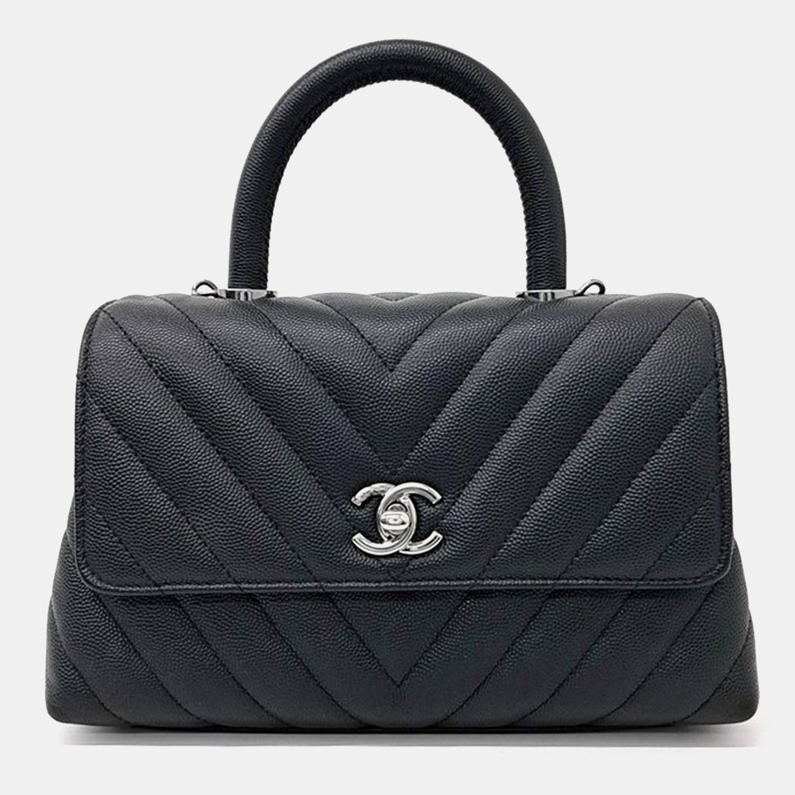 Chanel Black Caviar Leather Chevron Coco Handle Bag