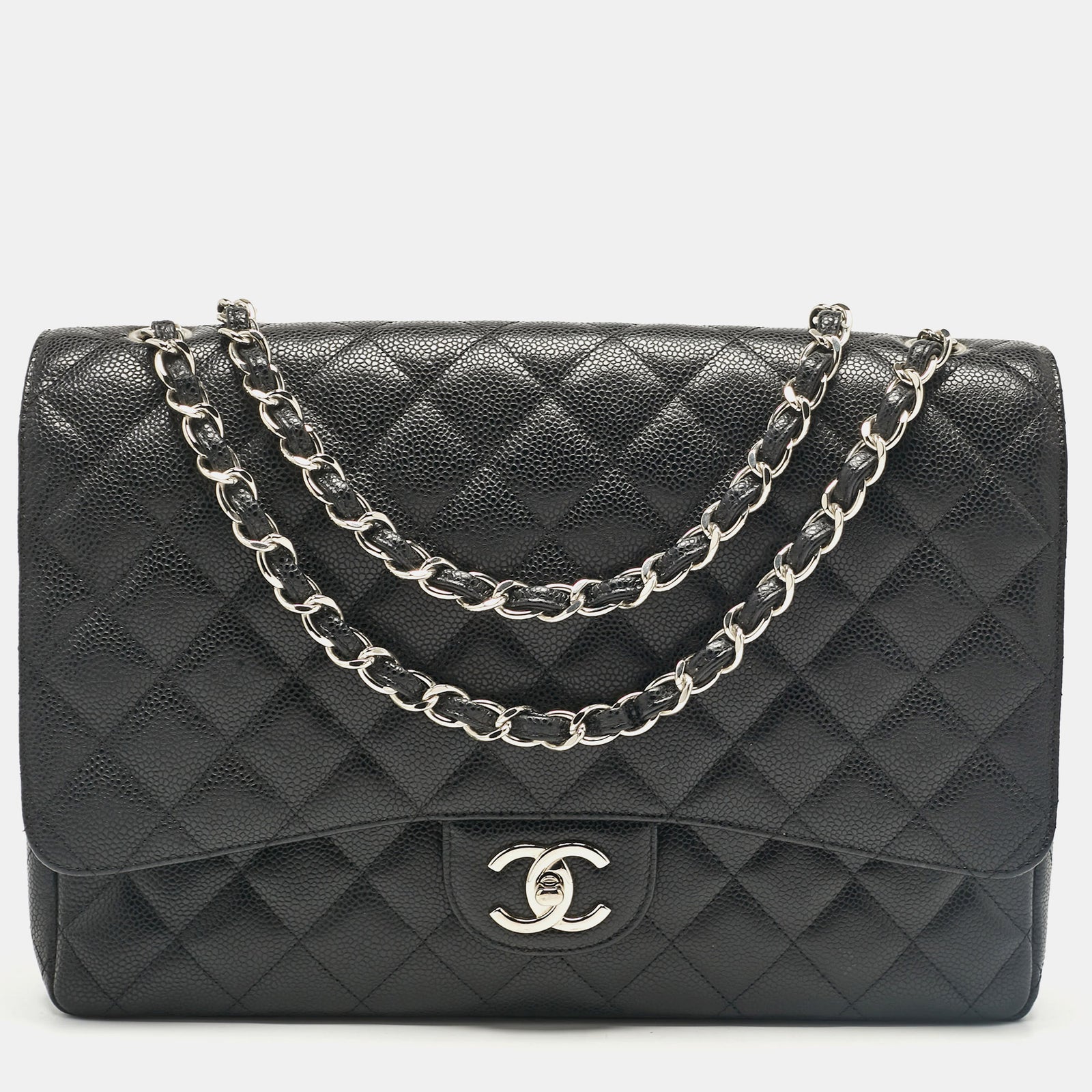 Chanel Klassische Maxi-Tasche mit Doppelklappe aus schwarzem Kaviarleder