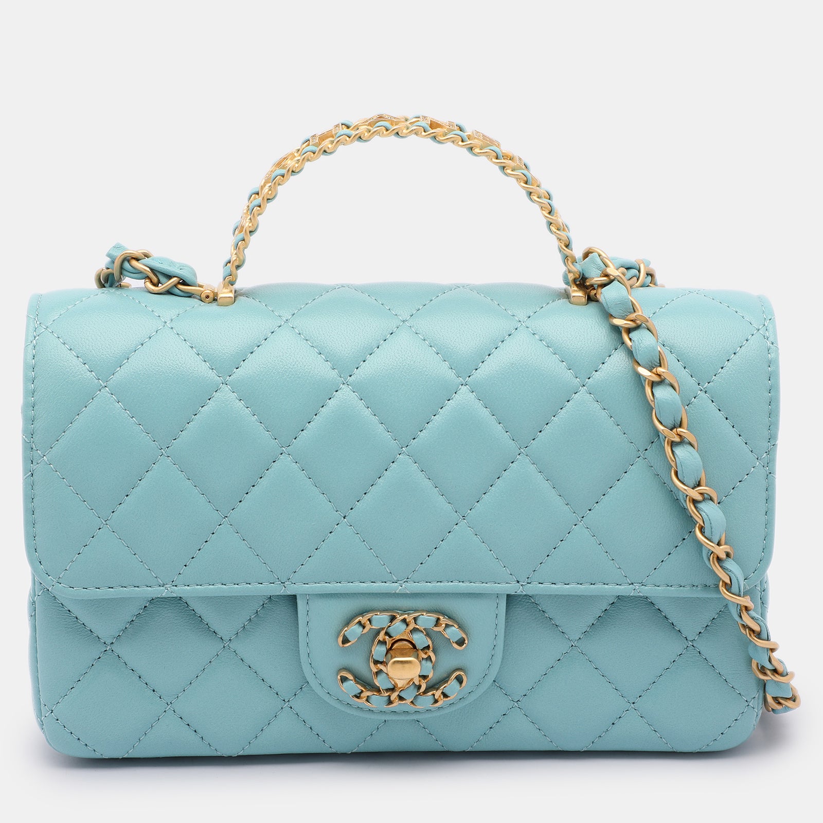 Chanel Blaue Tasche aus gestepptem Leder mit Mini-Strass auf der Klappe und Griff oben