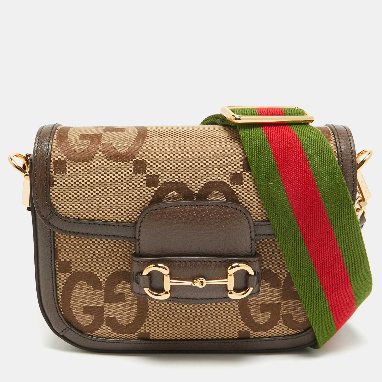 Gucci Braune/beige Jumbo-Schultertasche „Mini Horsebit 1955“ aus GG Canvas