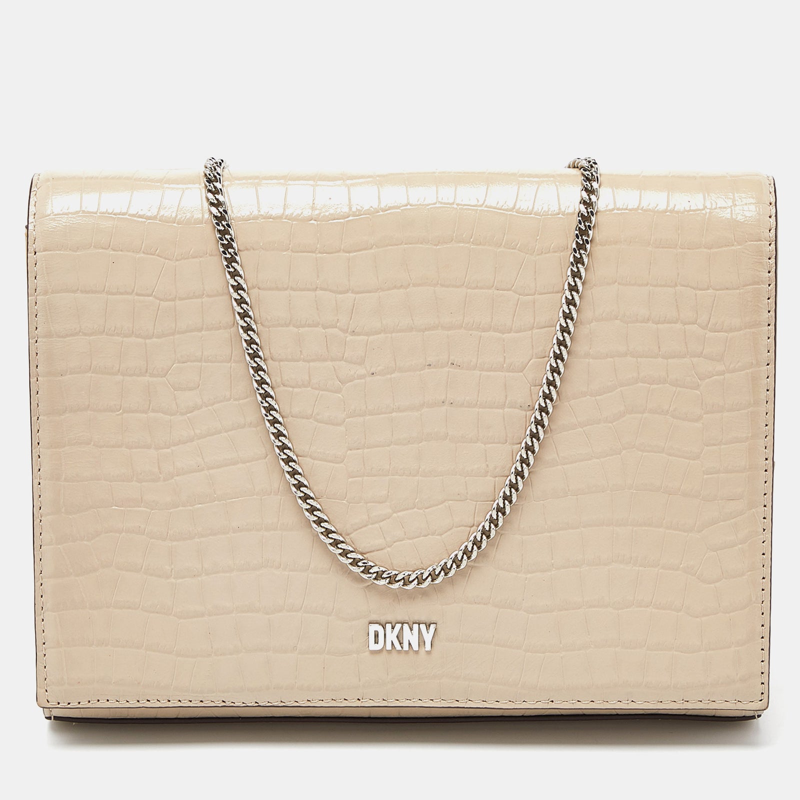 DKNY DKNY Beige Croc Embossed Leather Logo Flap Chain Shoulder Bag