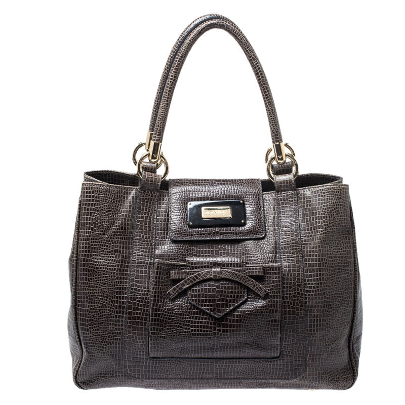 Emporio Armani Olive Green Croc Embossed Leather Front Pocket Tote