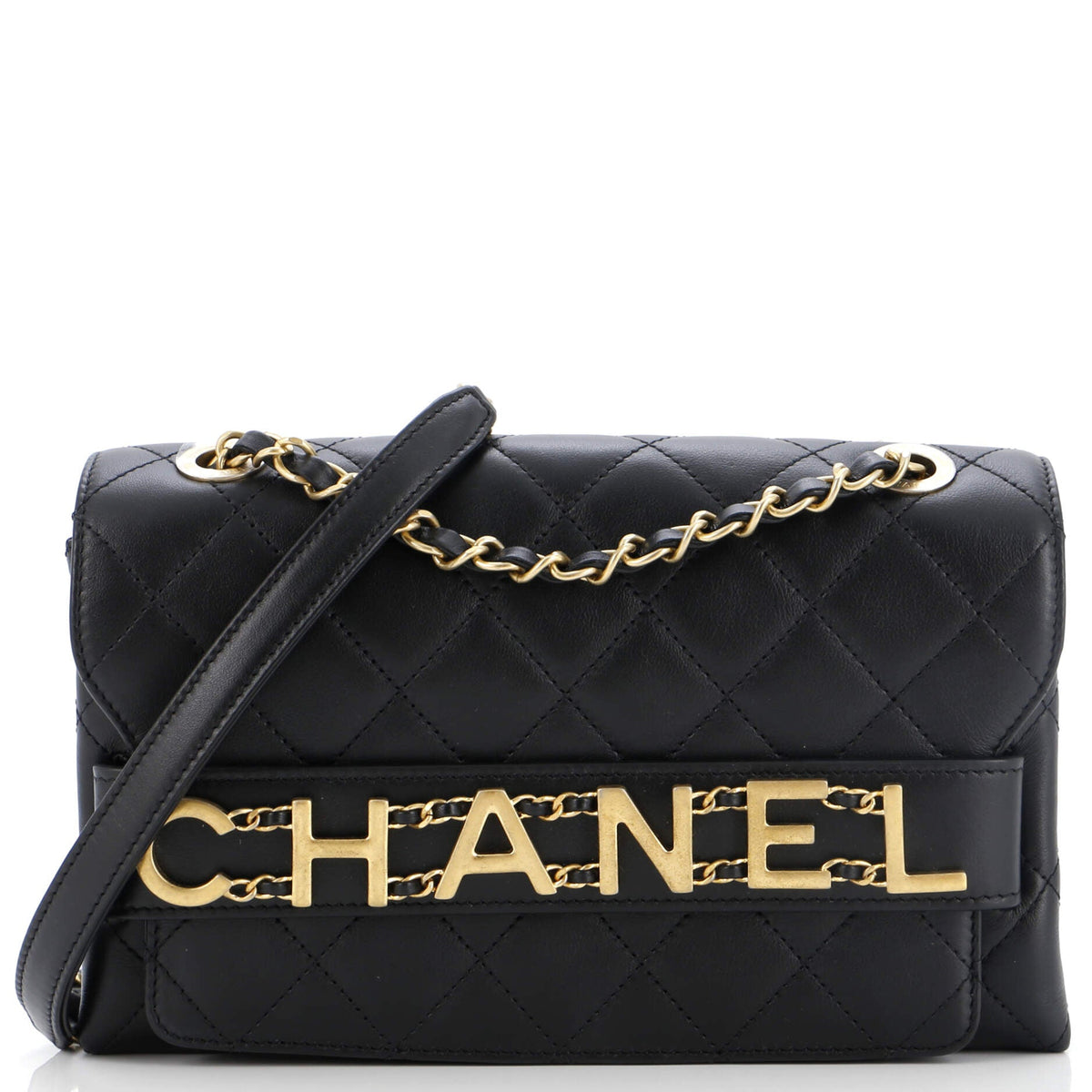 Chanel CHANEL Logo Enchained Flap Bag Quilted Calfskin Medium