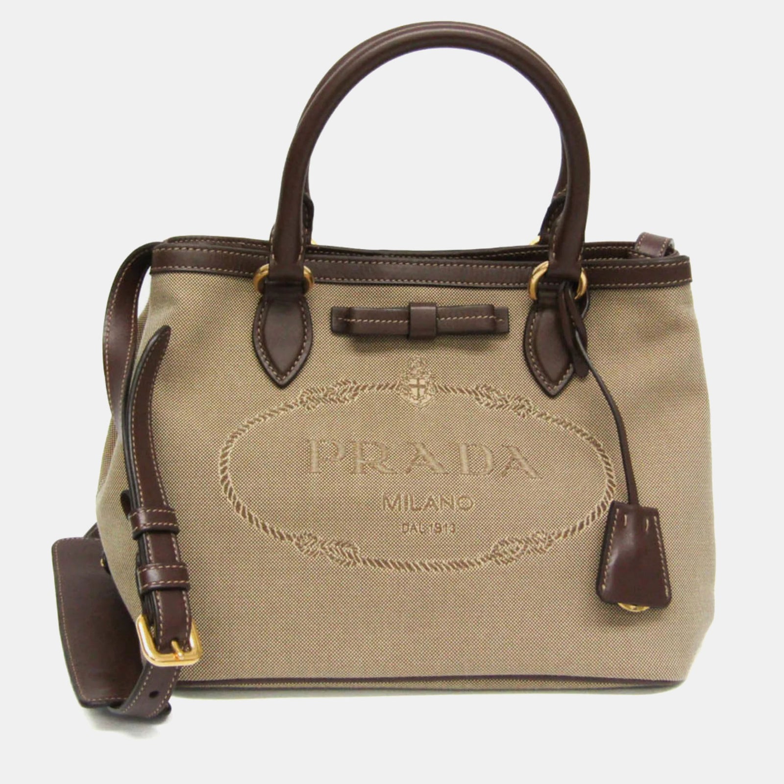 Prada Brown/Beige  Canvas and Leather Logo Convertible Tote Bag