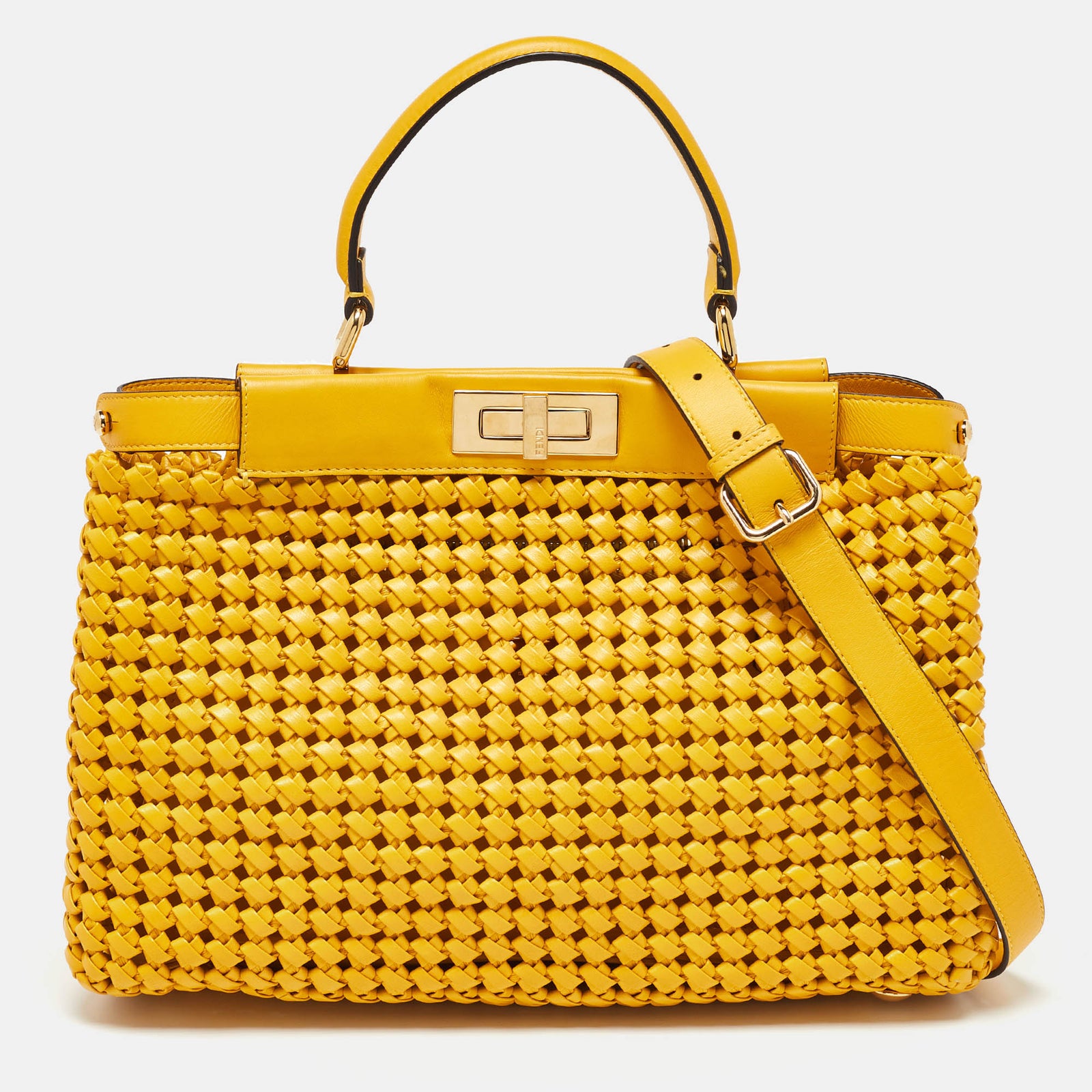 Fendi Yellow Woven Leather Medium Peekaboo Top Handle Bag