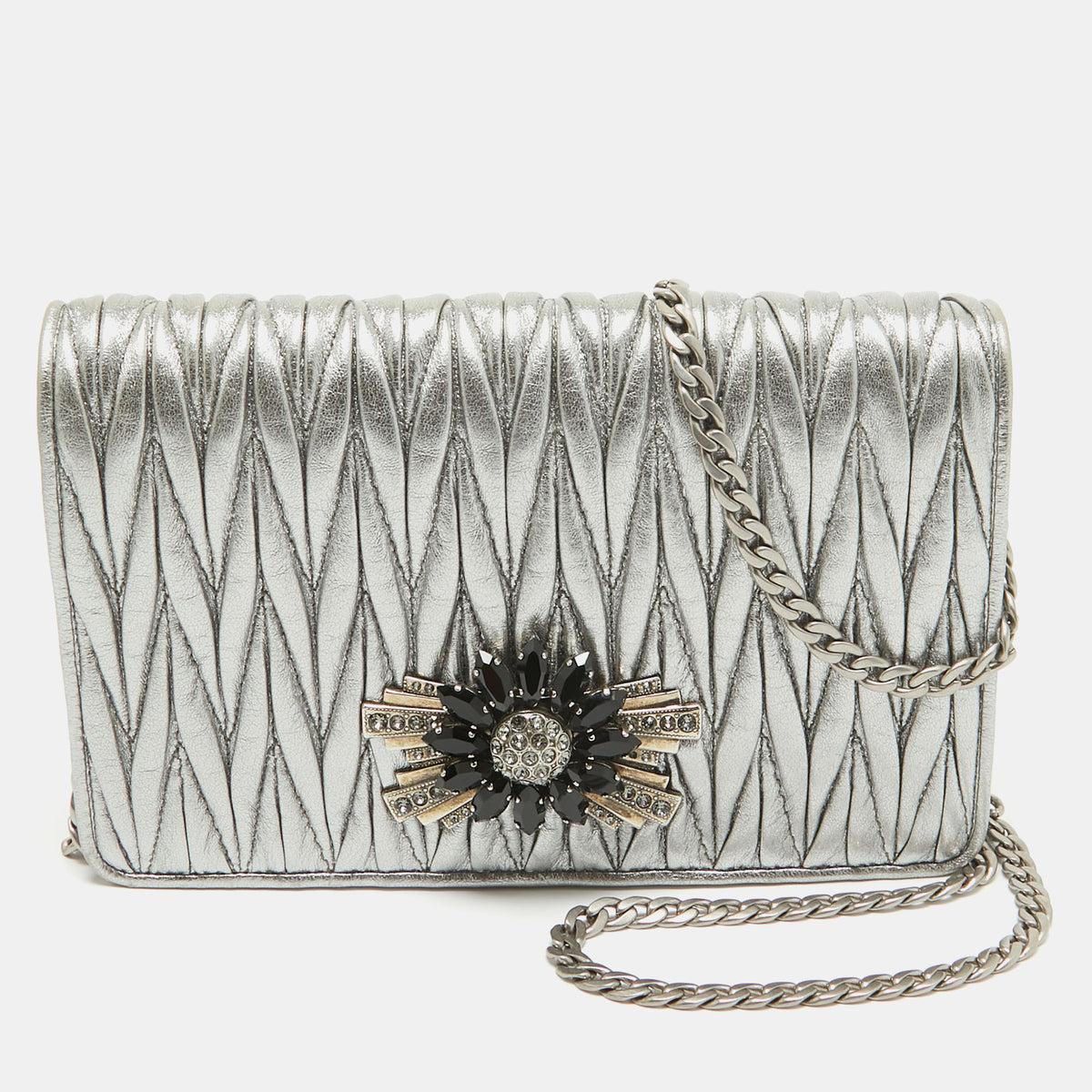 Miu Miu Metallic Grey Matelass&eacute; Leather Crystals Embellished Chain Clutch