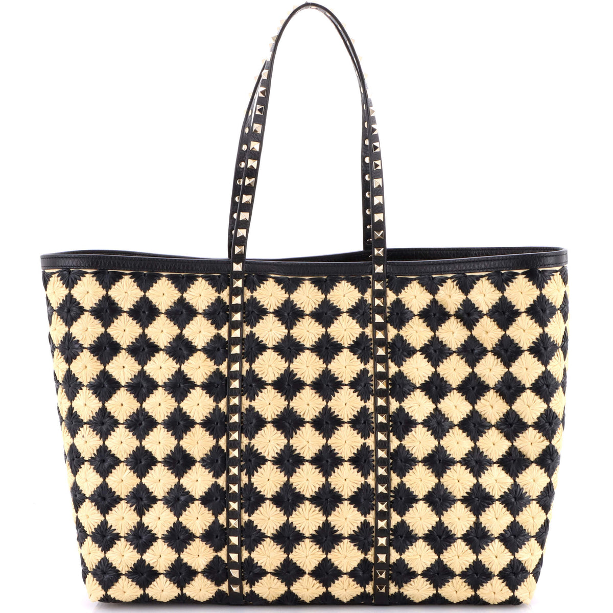 Valentino VALENTINO GARAVANI Rockstud Shopping Bag Check Embroidered Raffia Large