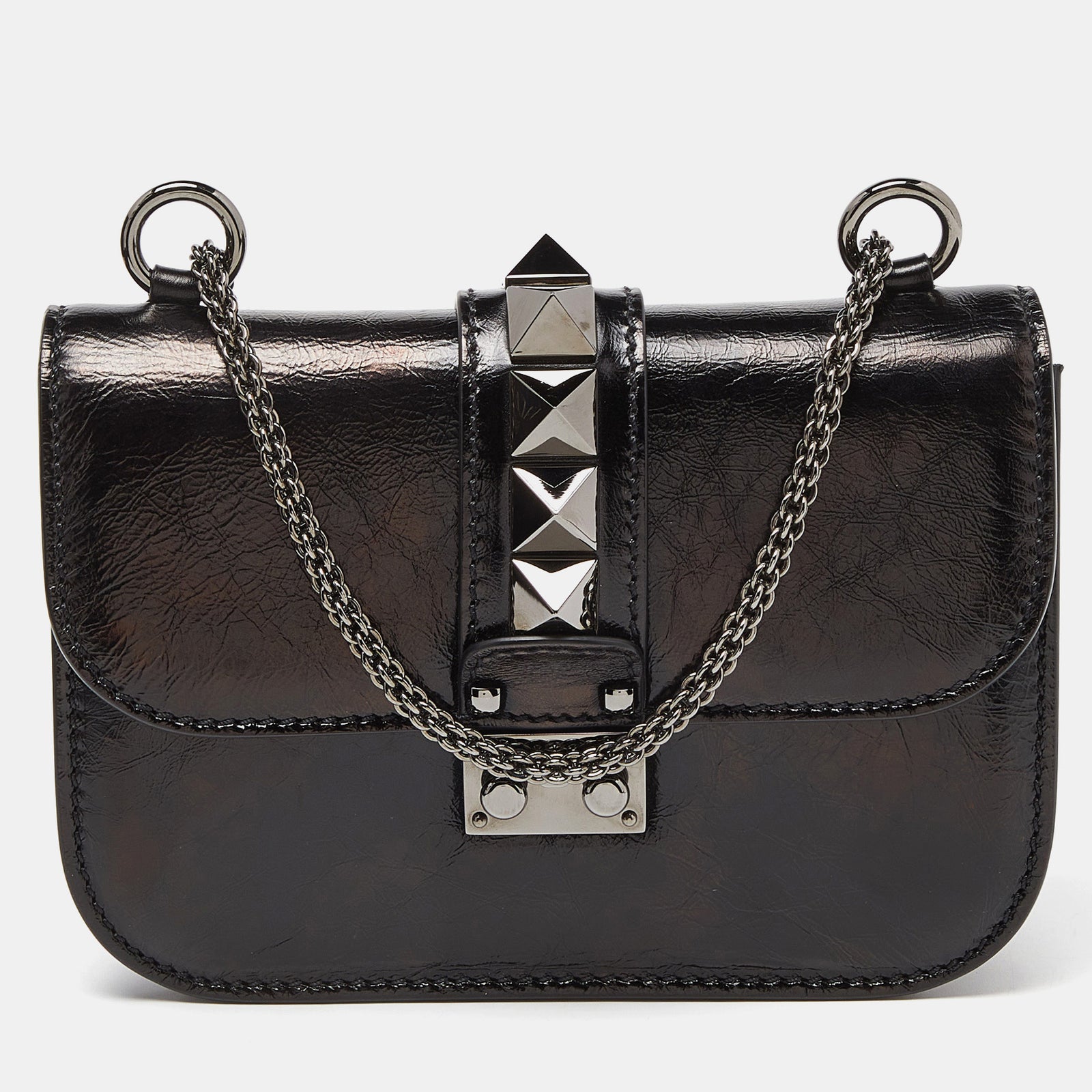 Valentino Black Leather Small Rockstud Glam Lock Flap Bag