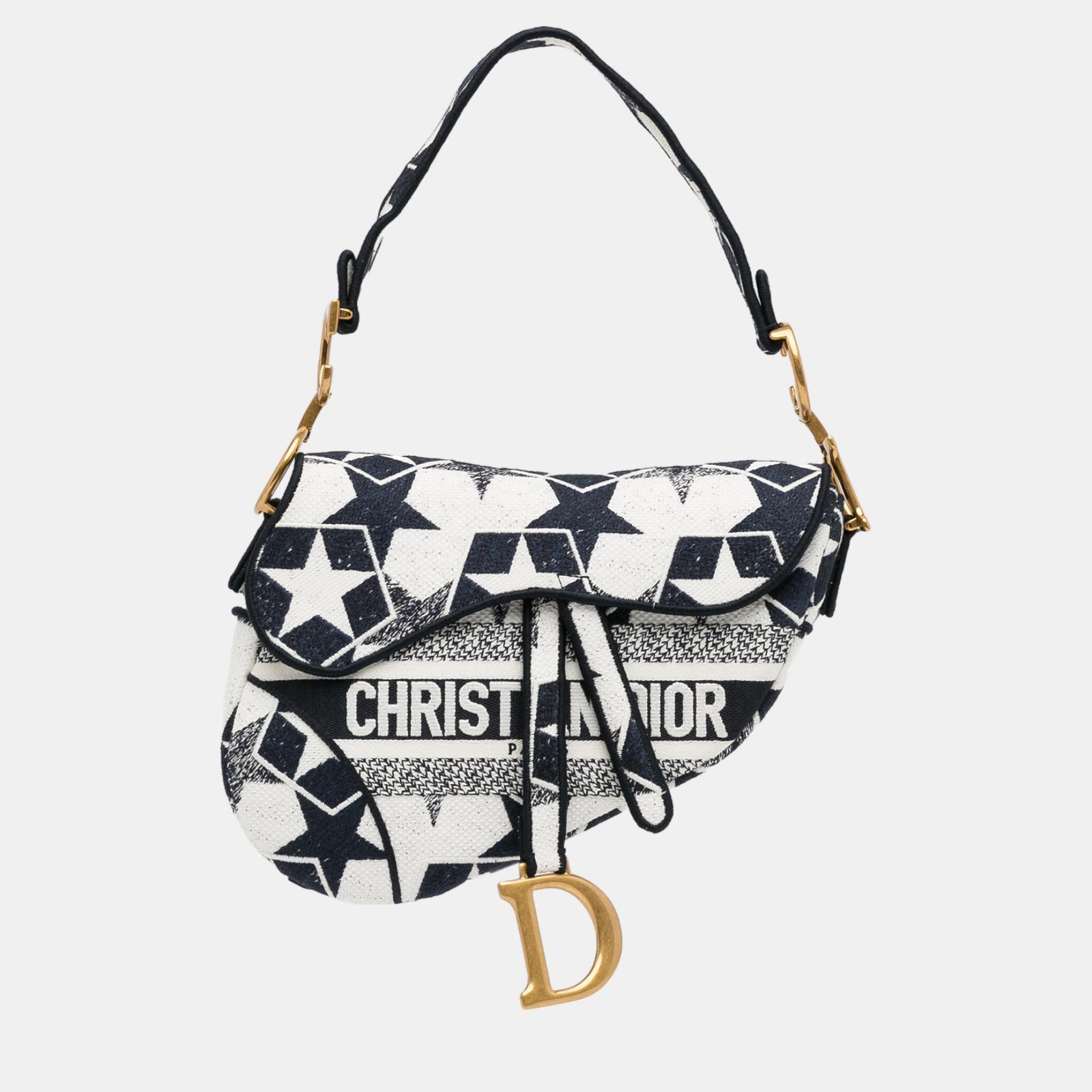 Dior White/Blue Stars Embroidered Canvas Saddle Bag