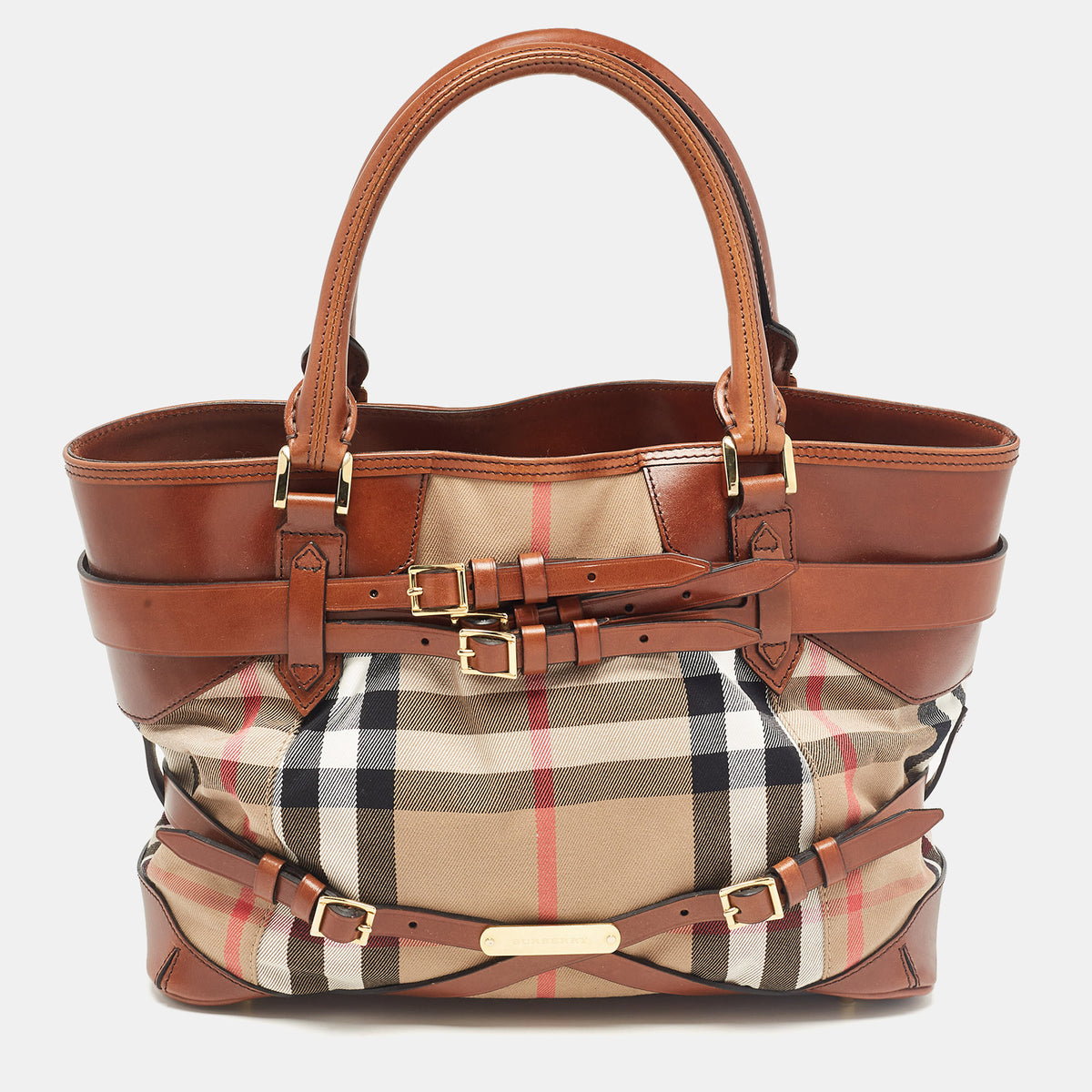 Burberry Brown/Beige House Check Canvas and Leather Medium Bridle Lynher Tote