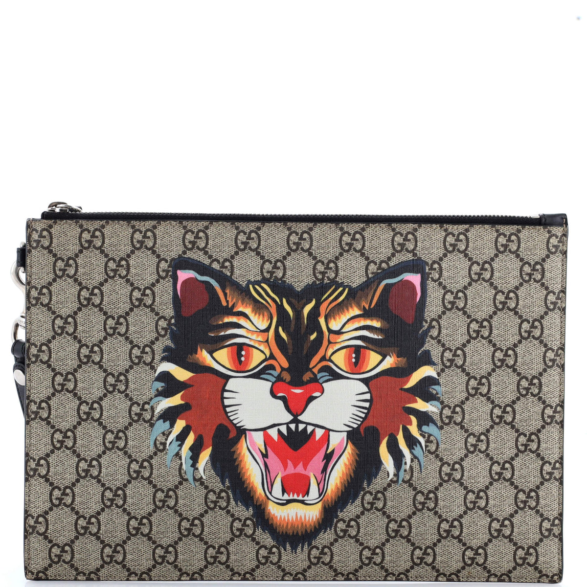 Gucci GUCCI Zipped Pouch Angry Cat GG Coated Canvas Large