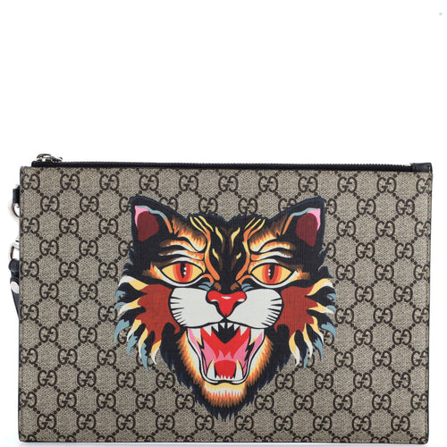 GUCCI Zipped Pouch Angry Cat GG Coated Canvas Large