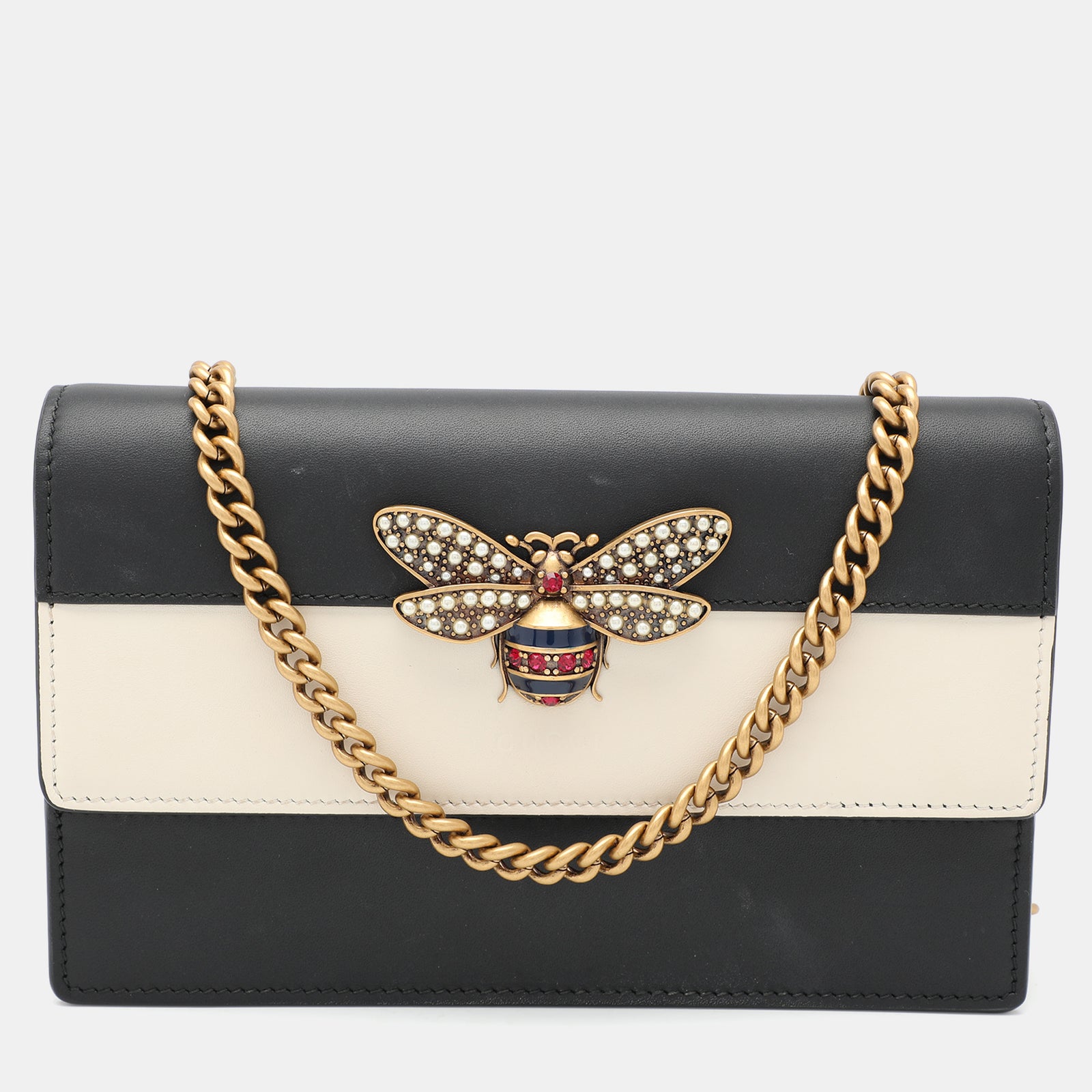 Gucci Portefeuille Queen Margaret en cuir noir/blanc avec chaîne