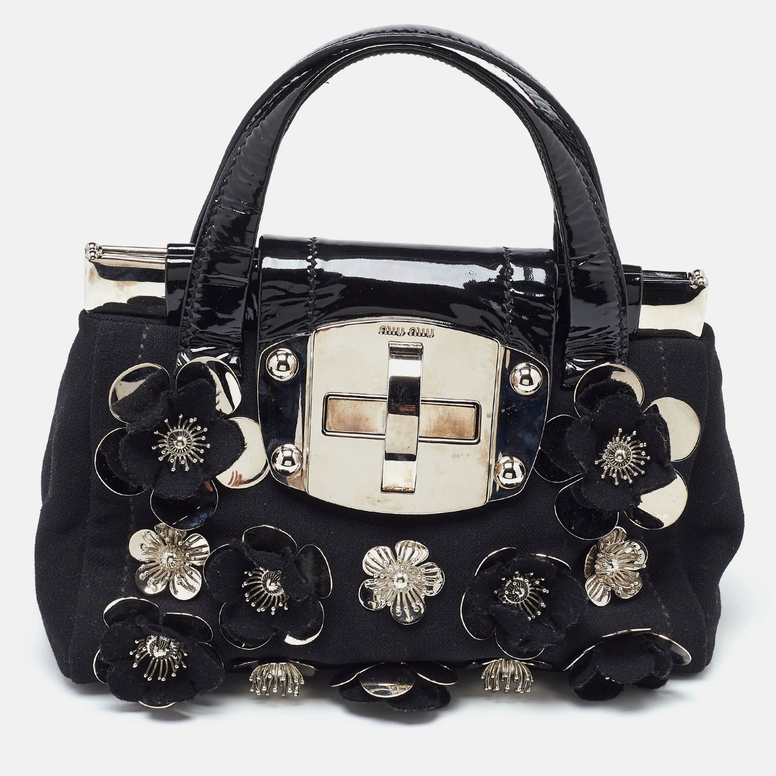 Miu Miu Black Canvas and Patent Leather Flower Embellished Satchel