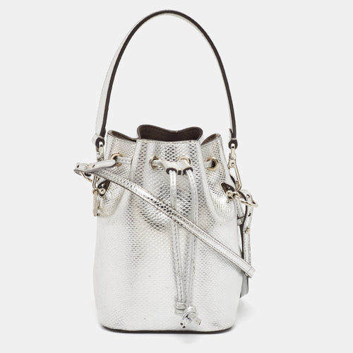 Silver Lizard Embossed Leather Mini Mon Tresor Bucket Bag