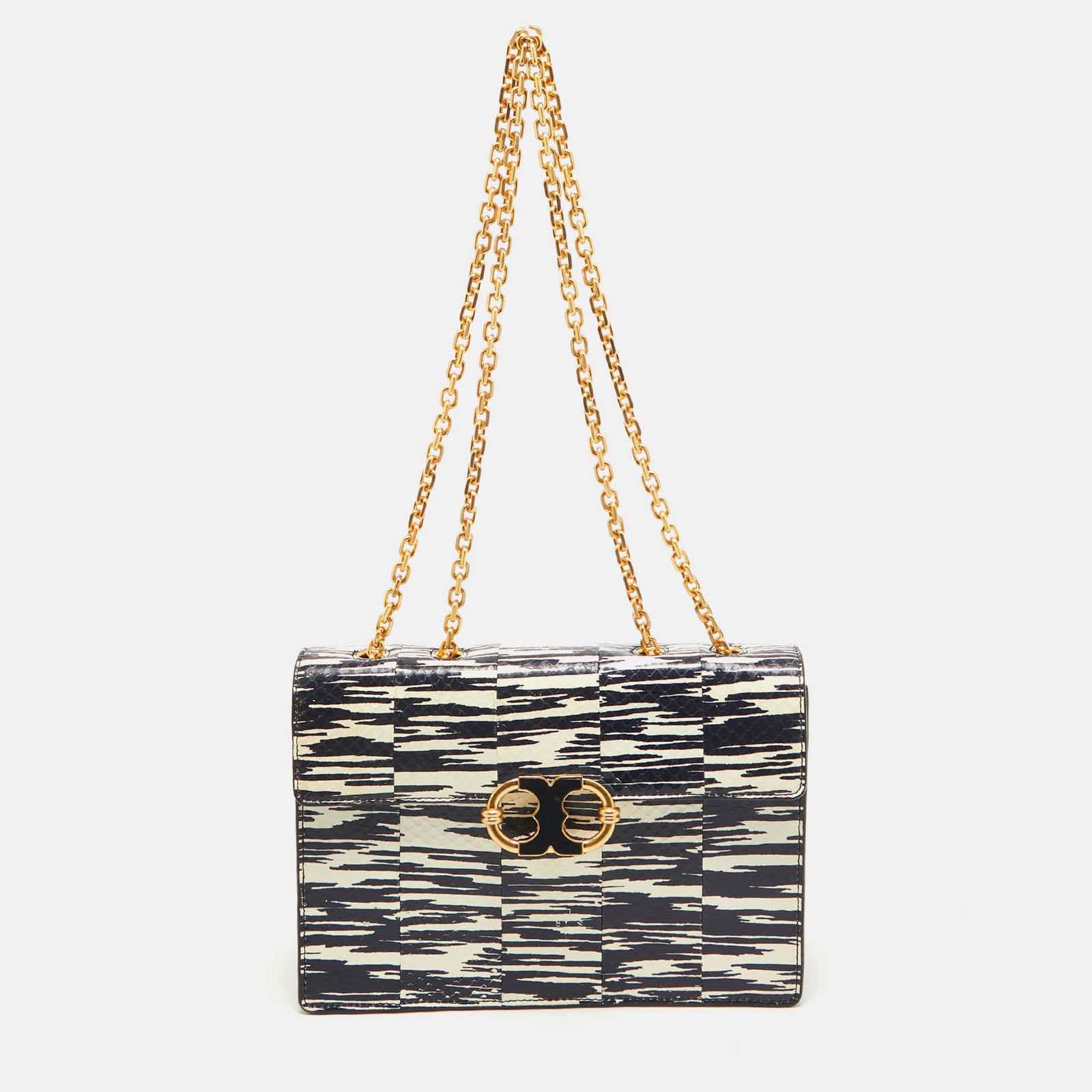 Tory Burch Navy Blue/White Python Embossed Leather Gemini Link Shoulder Bag