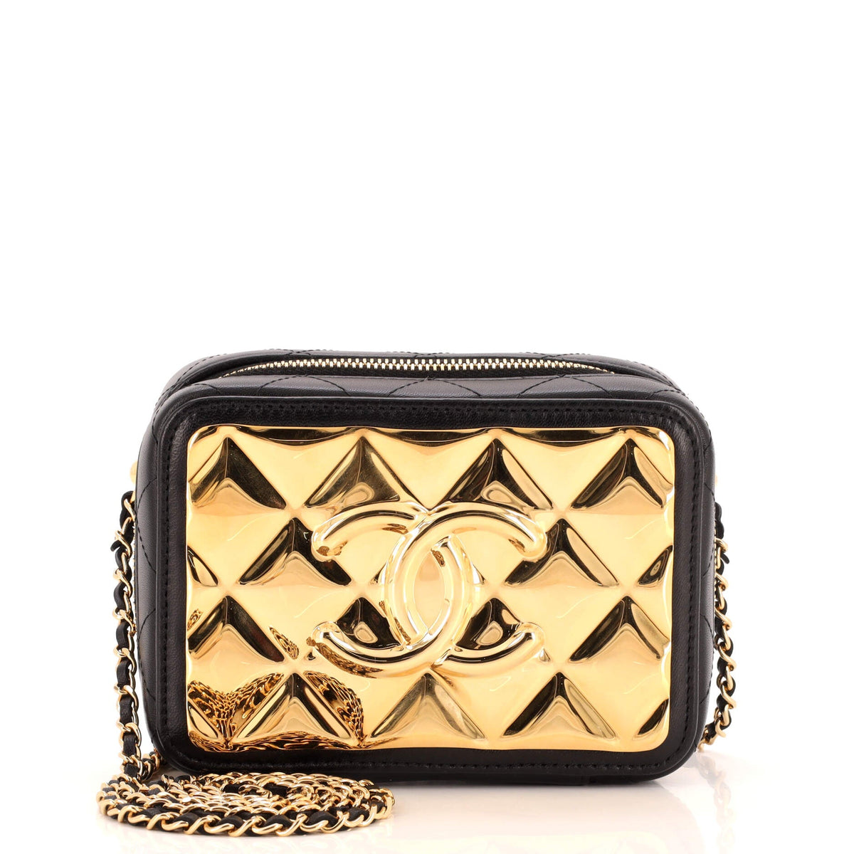 Chanel CHANEL Golden Plate Zip Around Vanity Case with Chain Quilted Metal and Lambskin Mini