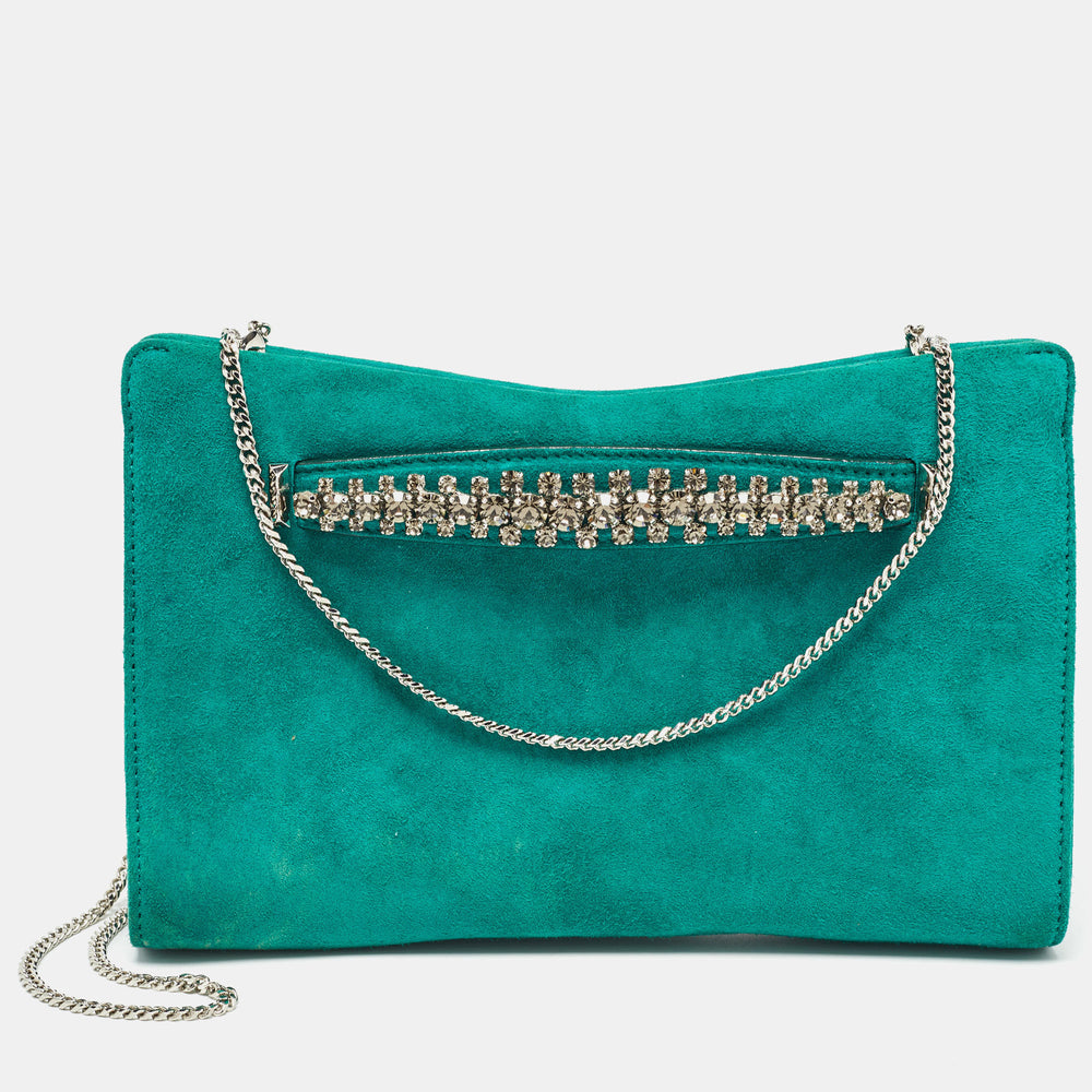 Green Suede Crystals Venus Clutch On Chain