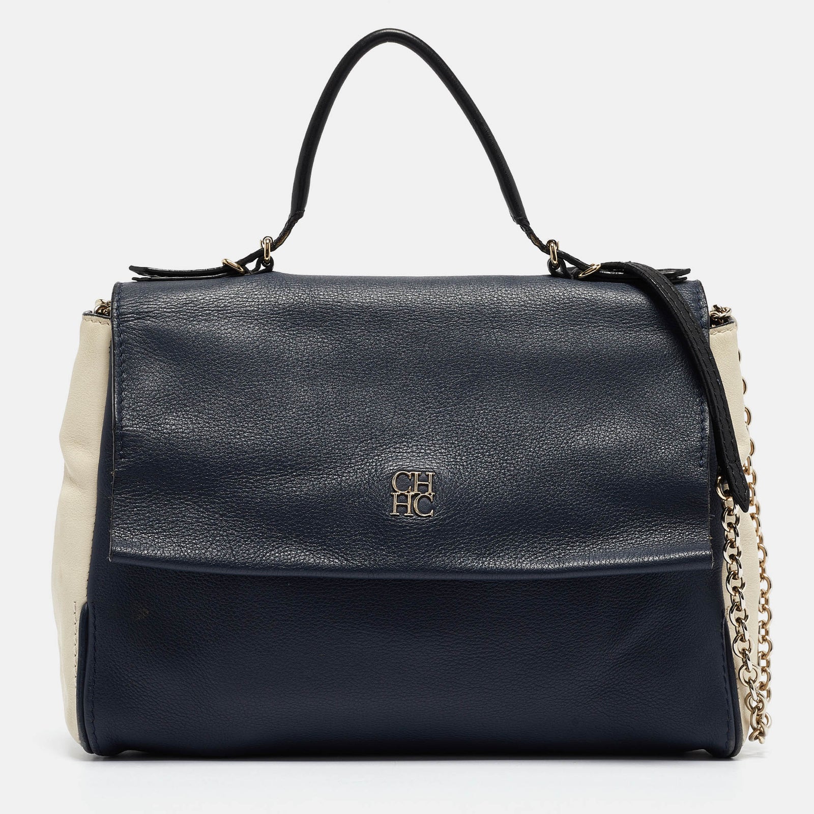 Ch Carolina Herrera Carolina Herrera Navy Blue/White Leather Minuetto Top Handle Bag