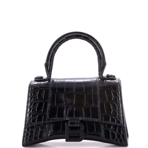Hourglass Top Handle Bag Crocodile Embossed Leather XS