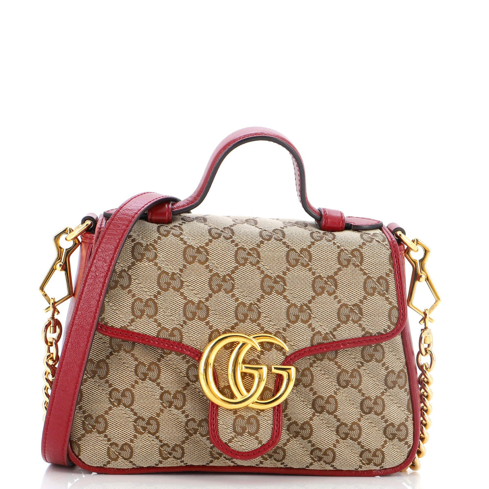 GUCCI GG Marmont Top Handle Flap Bag Diagonal Quilted GG Canvas Mini