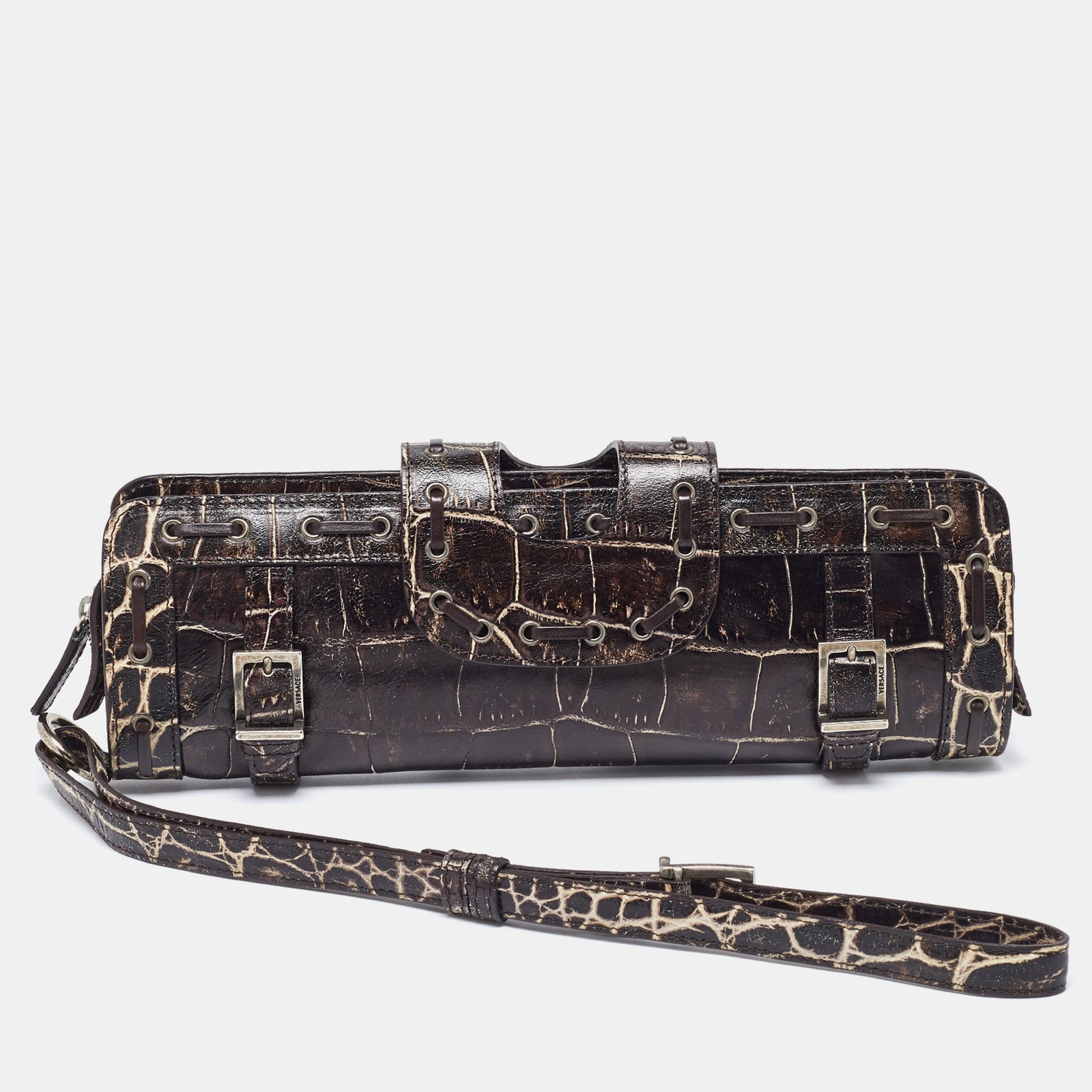 Versace Pochette-bracelet en cuir marron gaufré crocodile