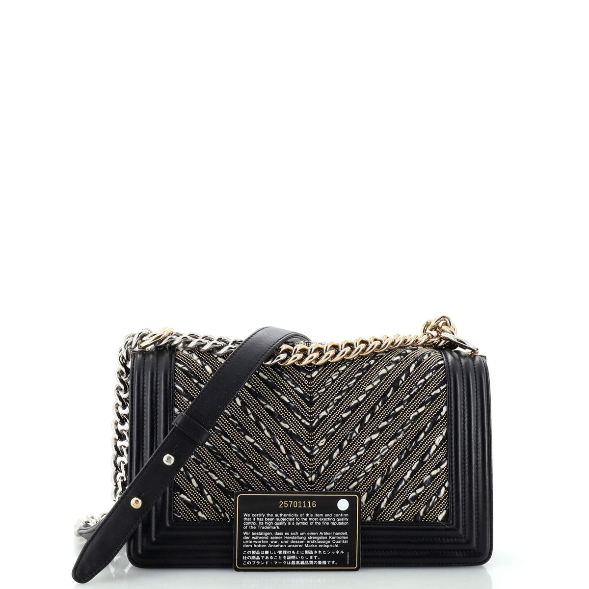 Chanel CHANEL Boy Flap Bag Studded Chevron Calfskin with Tweed Old Medium