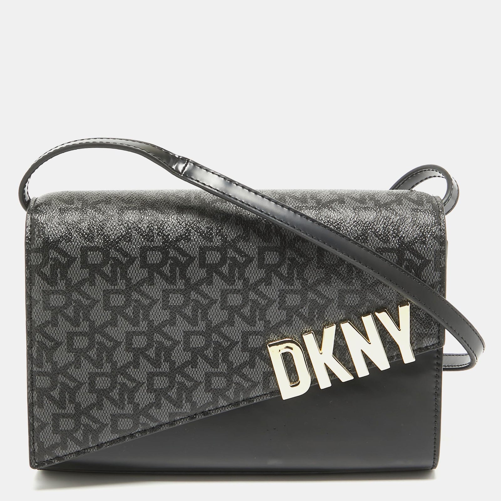 DKNY Black Monogram Coated Canvas and Glossy Leather Logo Flap Crossbody Bag