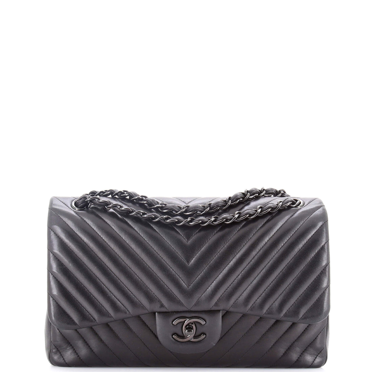 Chanel CHANEL So Black Classic Double Flap Bag Chevron Lambskin Jumbo