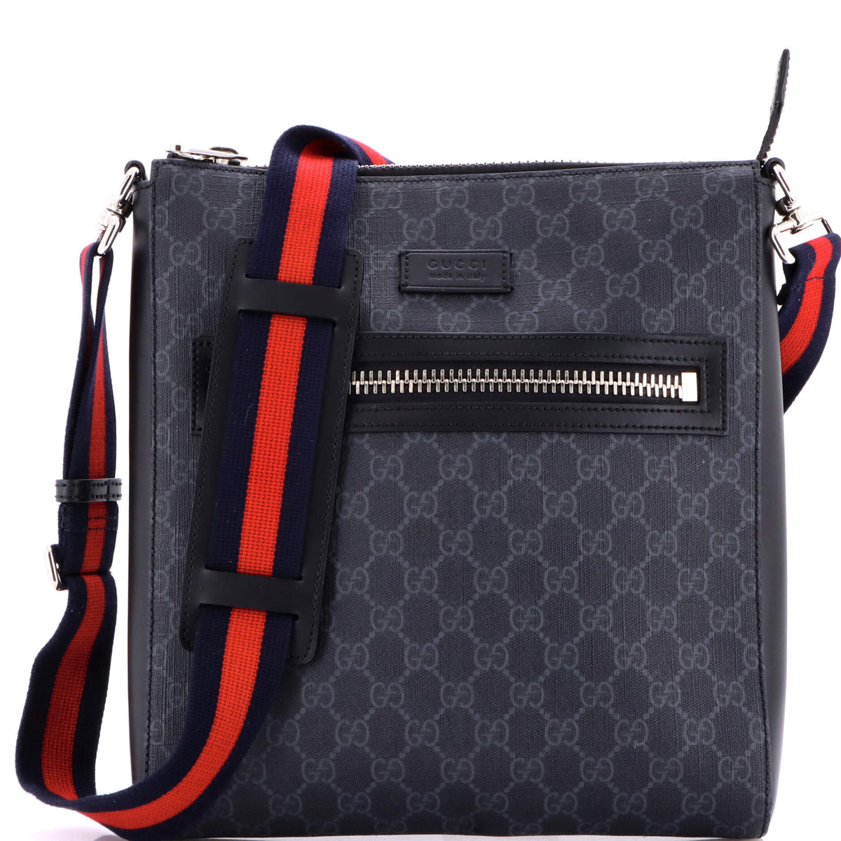 Gucci GUCCI Web Strap Front Zip Messenger Bag GG Coated Canvas Medium