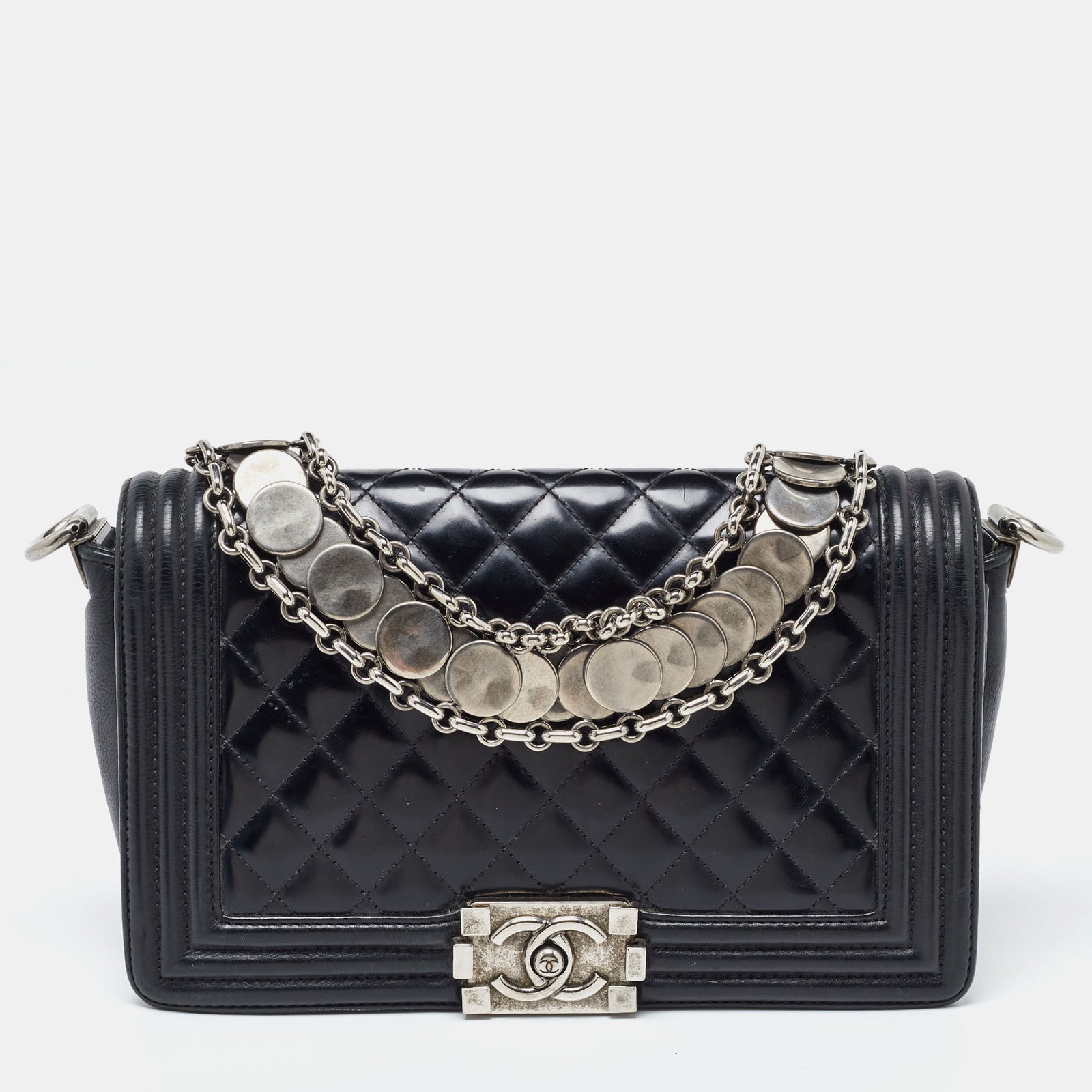 Chanel Black Quilted Patent Leather Medium Boy Bag