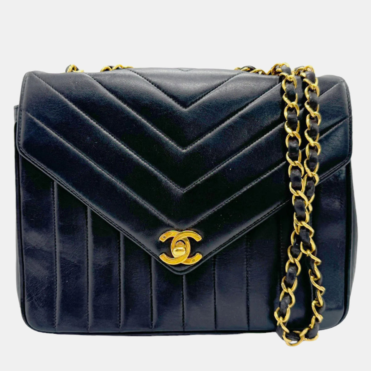 Chanel Black Lambskin Chevron Quilted Envelope Single Flap Bag