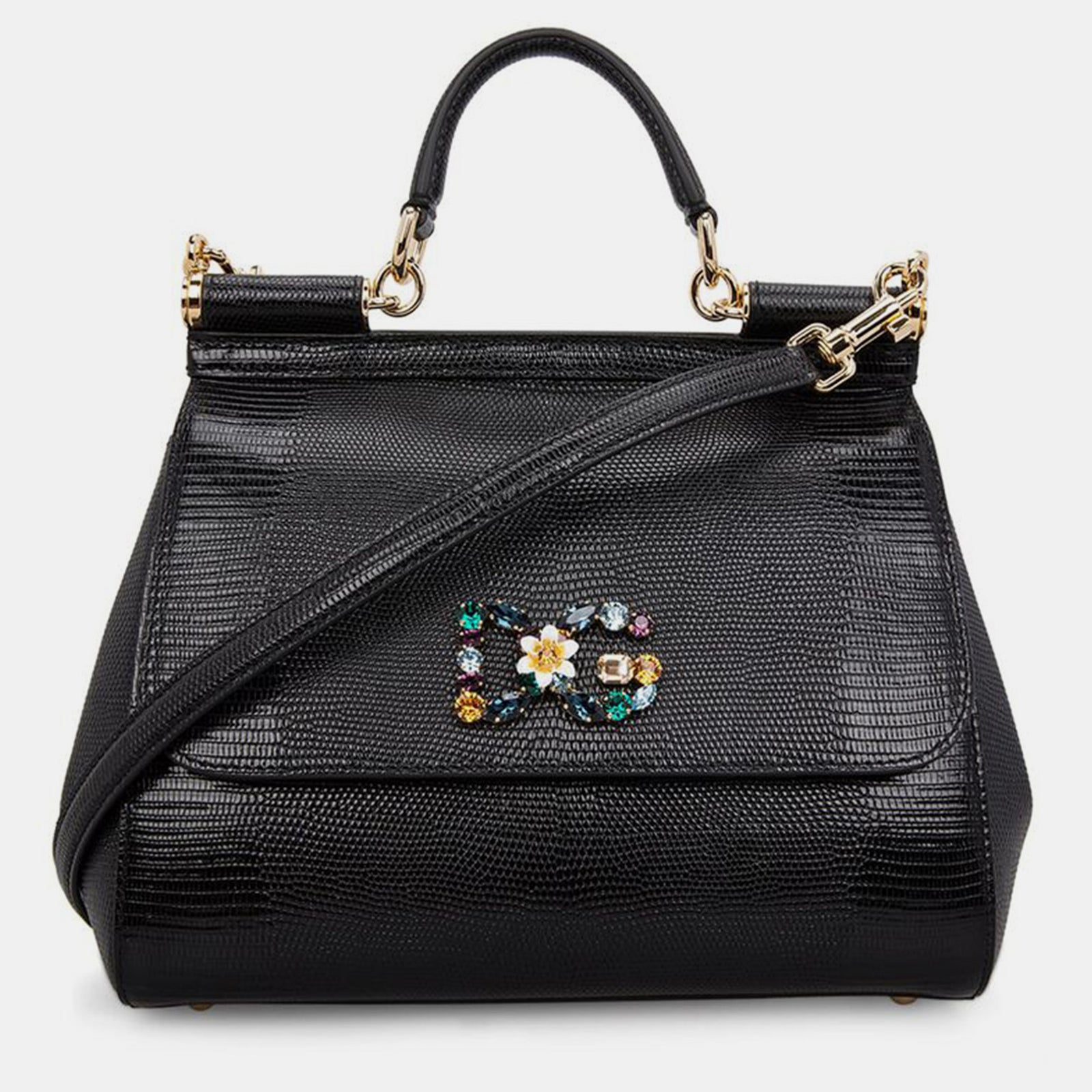 Dolce & Gabbana Black Lizard Embossed Leather Crystal DG Logo Medium Miss Sicily Bag