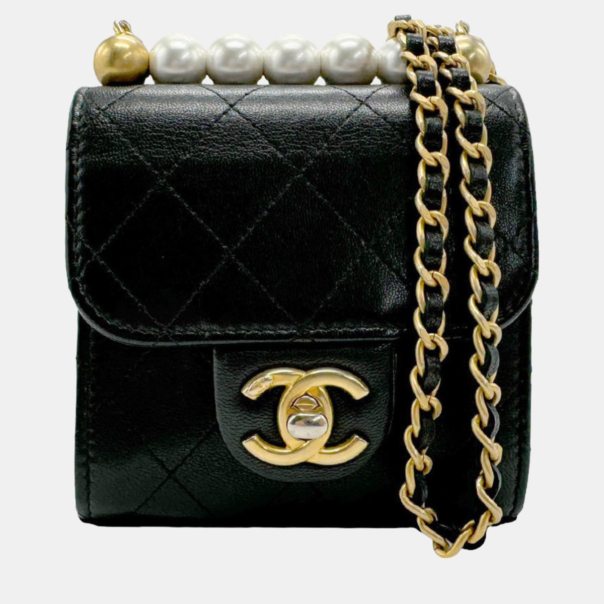 Chanel Black Quilted Goatskin Mini Chic Pearls Flap Clutch with Chain