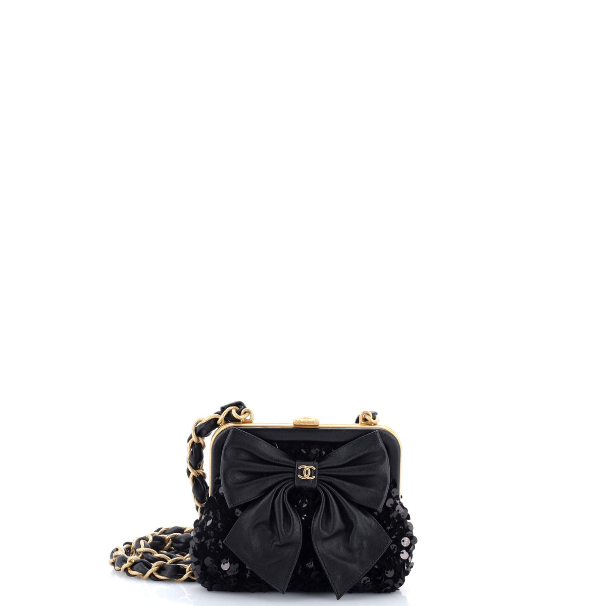 Chanel CHANEL Bow Frame Clutch With Chain Sequin Embellished Tweed with Leather Mini