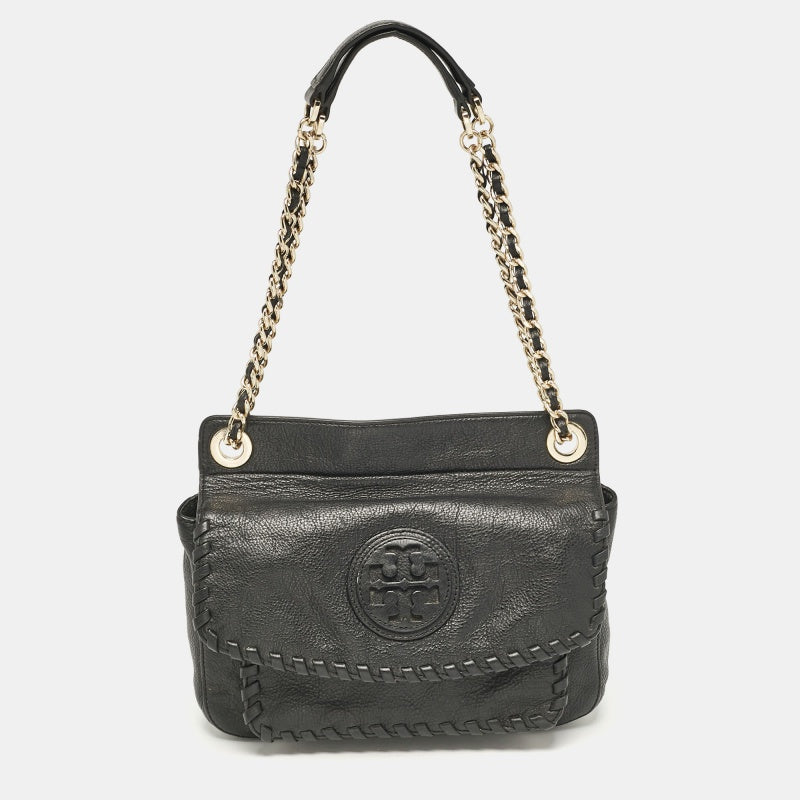 Tory Burch Schwarze Marion-Umhängetasche aus Leder