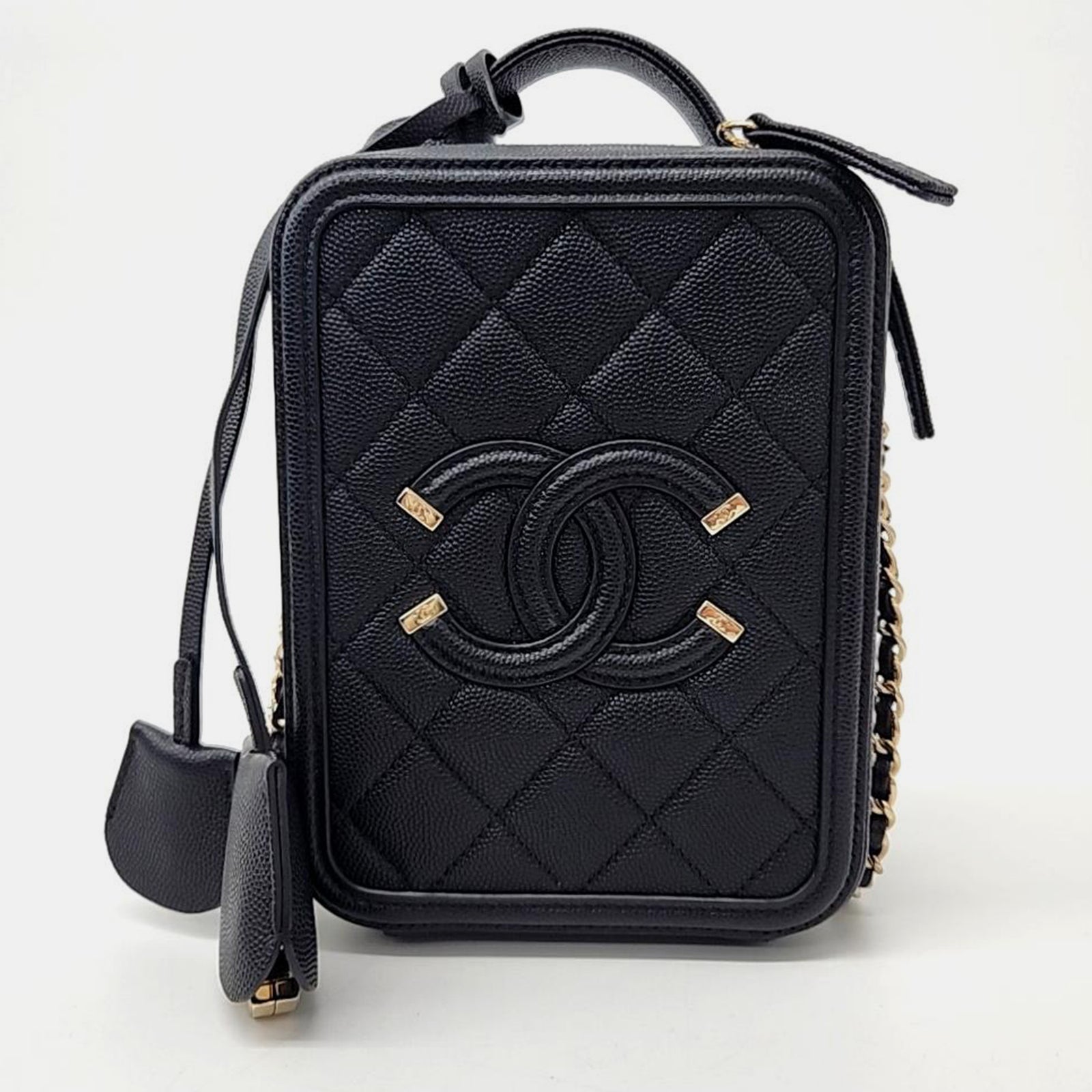 Chanel Black Leather N/S Filigree Vanity Case