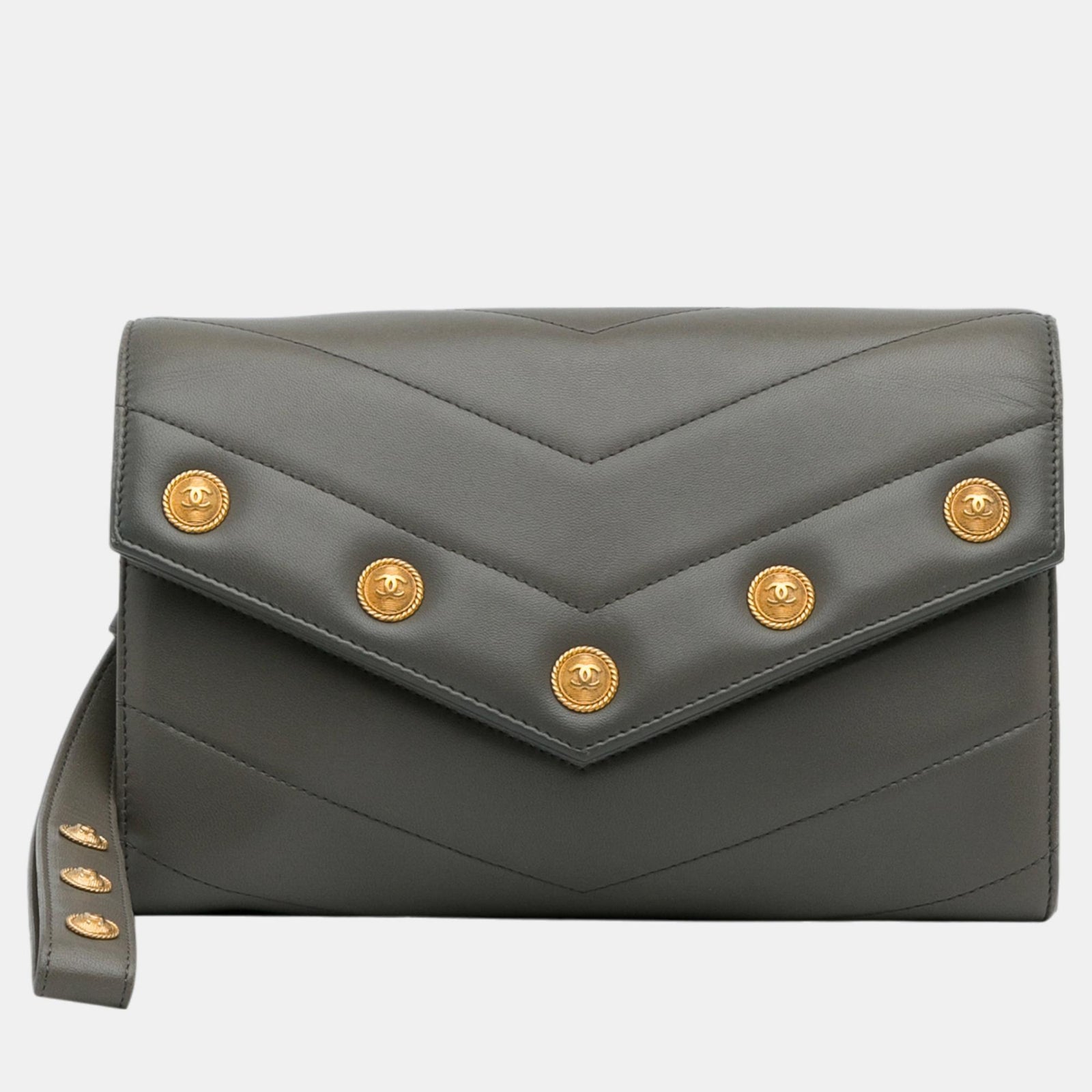 Chanel Pochette à rabat avec médaillon et chevrons gris