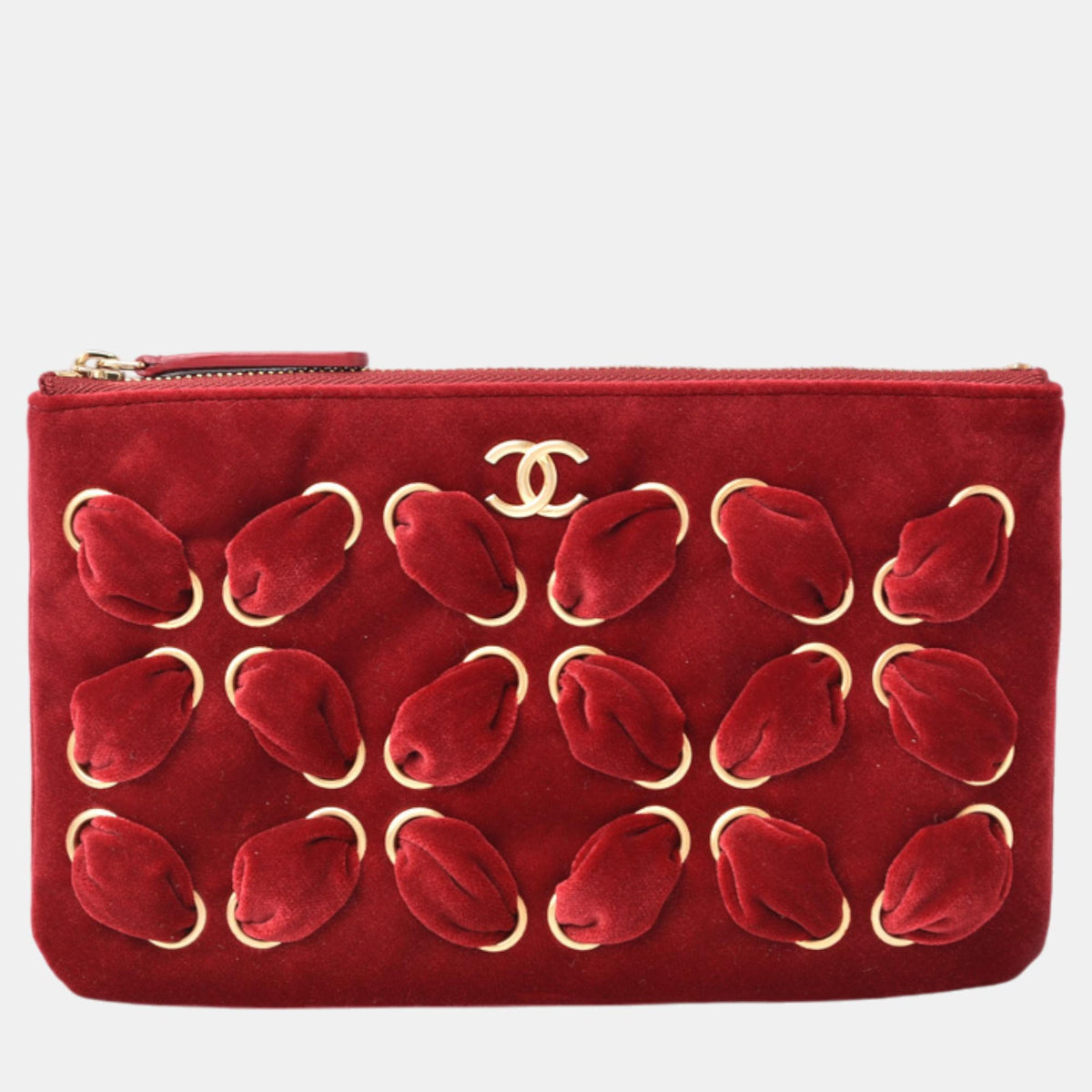 Chanel Red Velvet Embellished Clutch Bag