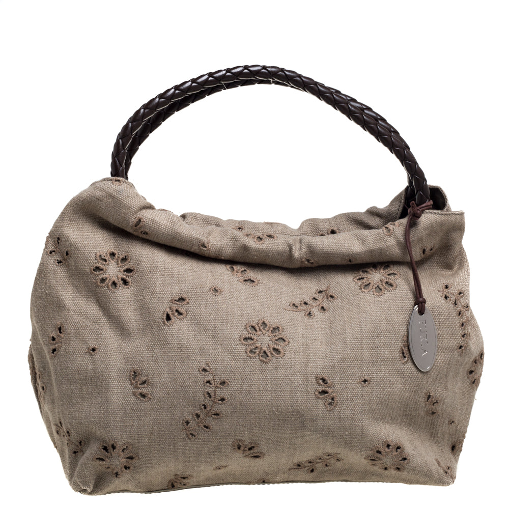 Furla Beige Canvas and Brown Leather Floral Cut Out Shoulder Bag