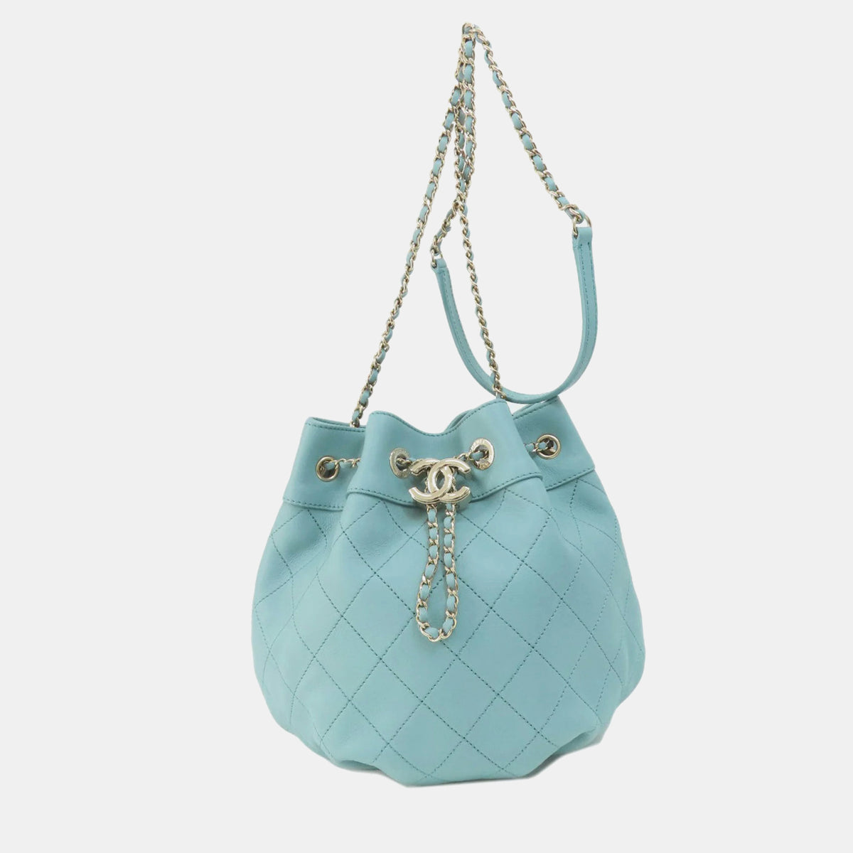 Chanel Blue Lambskin Quilted CC Drawstring Bucket Bag