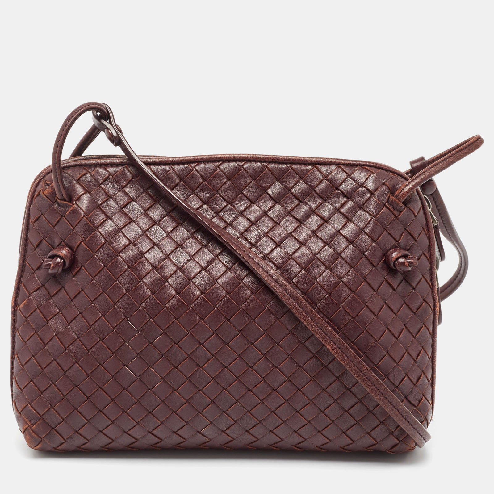 Bottega Veneta Nodini Umhängetasche aus bordeauxrotem Intrecciato-Leder