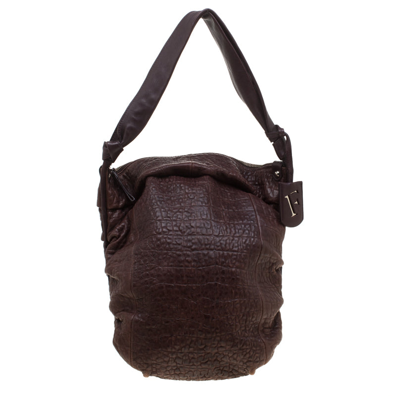 Furla Brown Crocodile Embossed Leather Hobo Bag